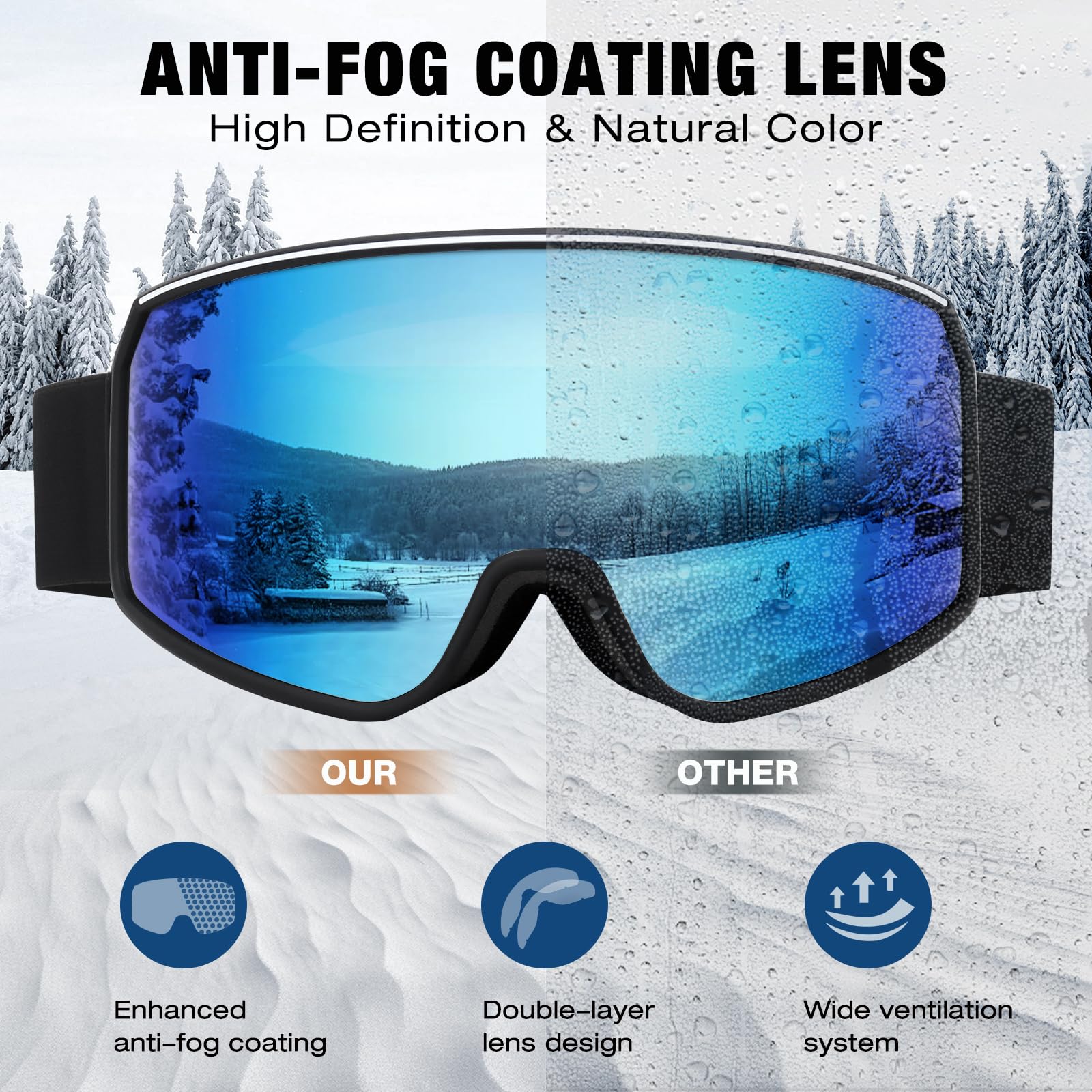 Lunettes de ski OTG pour homme et femme, anti-buée, protection UV, lunettes de planche à neige, ski et motoneige pour adultes et jeunes