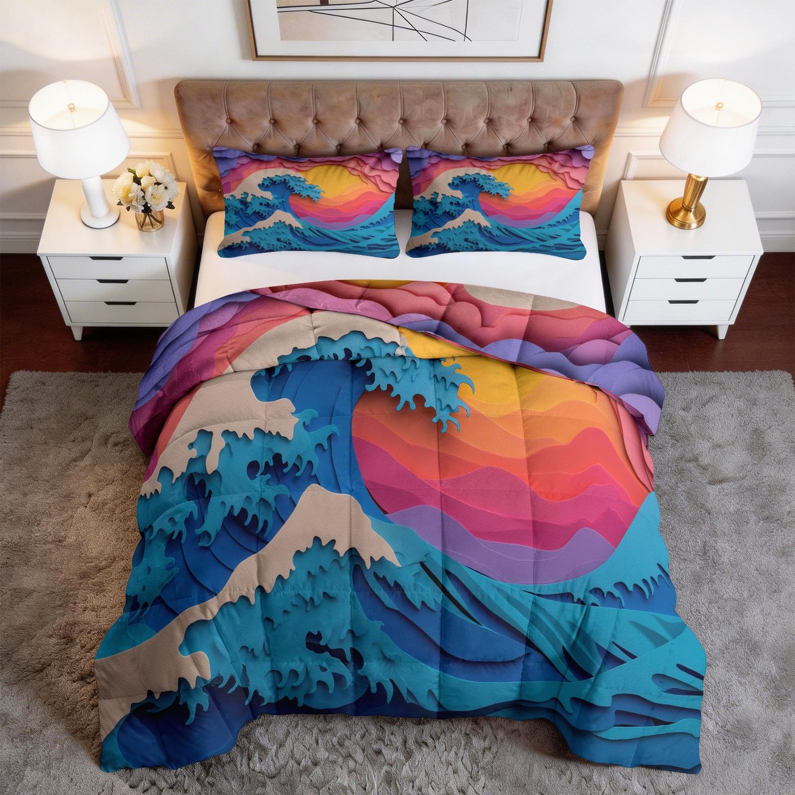 Trapunta Matrimoniale 150x200 cm Tramonto Astratto E Onde Dell'Oceano Piumone 4 Stagioni Microfibra Traspirante Morbida, Trapuntino Copriletto Stampa 3D con 2 Federe 50x80 cm