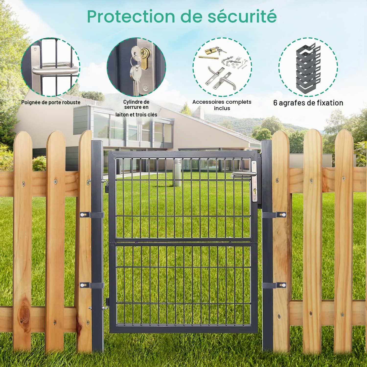 Daromigo Portail de jardin en métal - 120 x 100 cm - En acier galvanisé - Avec poignée, serrure et 3 clés - Porte de clôture robuste - Clôture de jardin - Anthracite