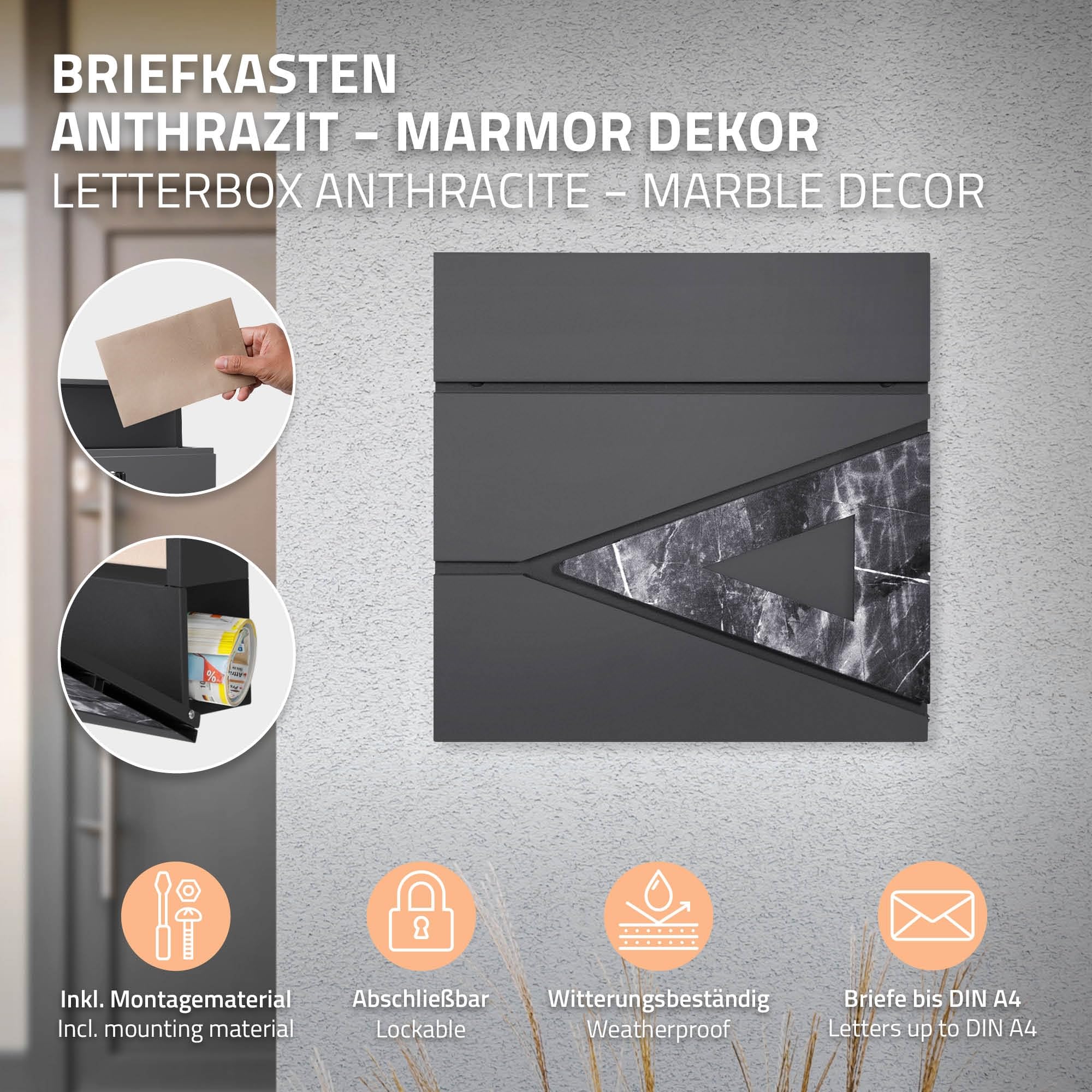 ECD-Germany Boîte aux Lettres sur Pieds, 37x36,5x11 cm, Anthracite/Marbre Noir, Acier, Boîte Postale avec Compartiment à Journaux/Courrier, Support Boîte aux Lettres 120 cm, Verrouillable avec 2 Clés