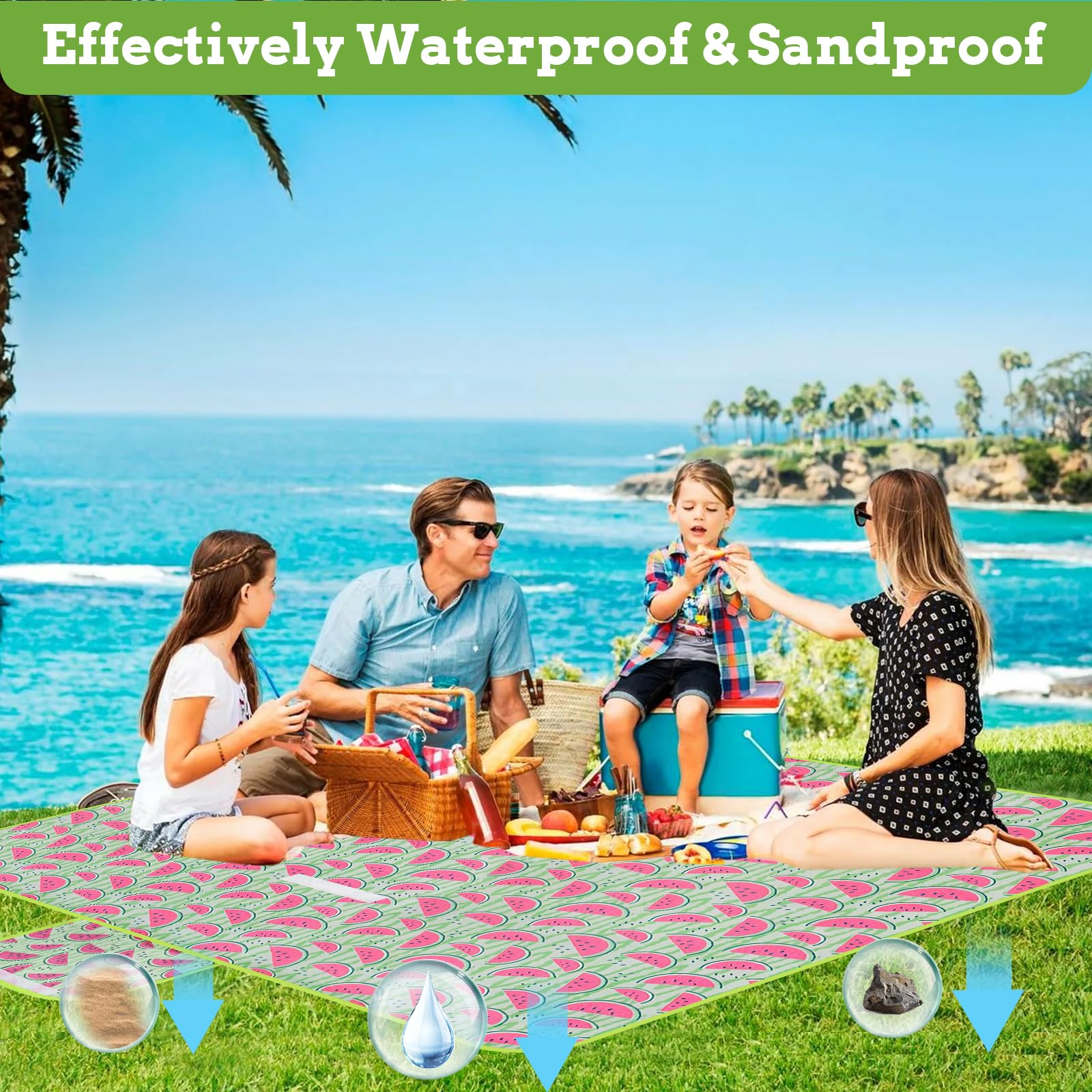 Ninonly Manta Picnic Impermeable 200X200cm Manta para Picnic de Camping Grande Tapete de Picnic Plegable con Asa Portátil para Playa, Barbacoa, Viajes, Camping Patrón de Sandía