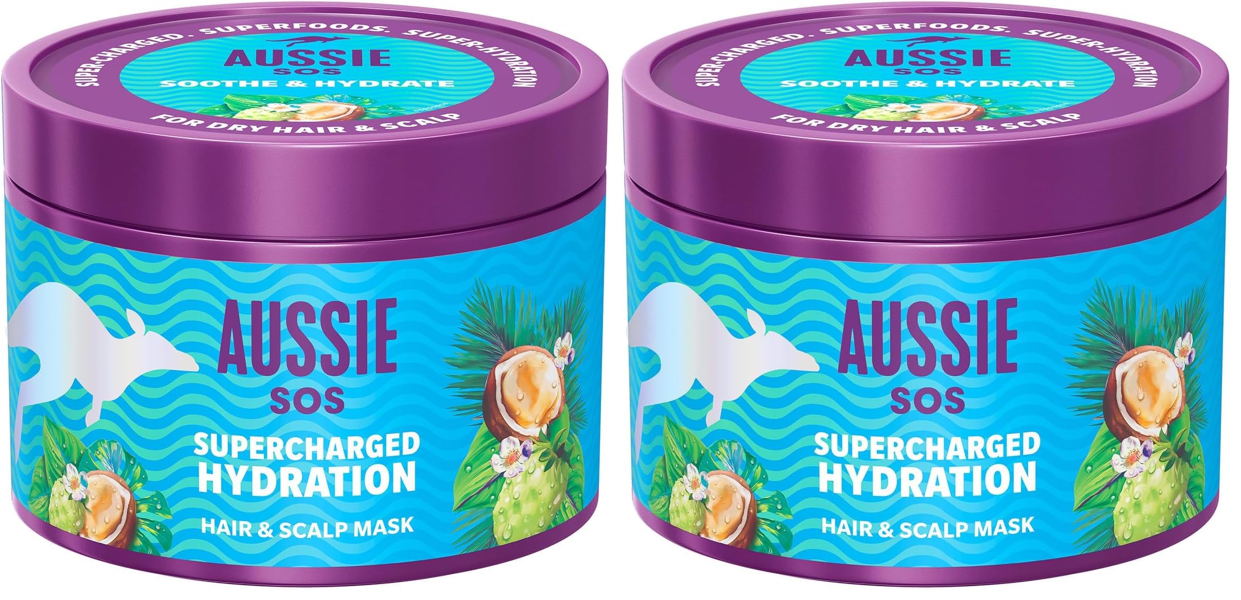 Aussie SOS Supercharged Hydration Saç & Saç Derisi Maskesi 500ml, Kuru Saç ve Kuru Saç Derisi için (2 paketi)