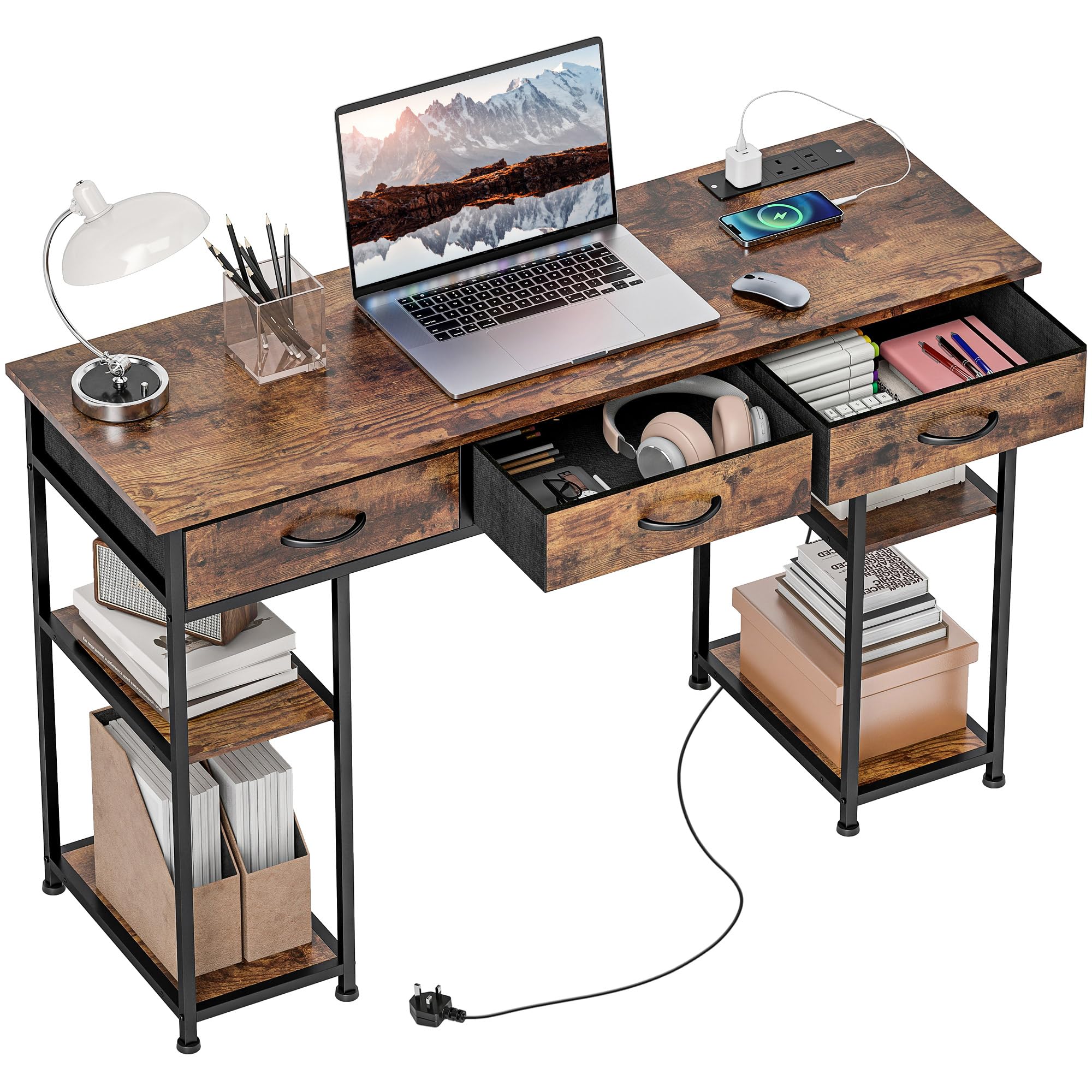 Homcom Unisex Brown Computer Writing Desk With Power Outlets, Drawers, Shelves,