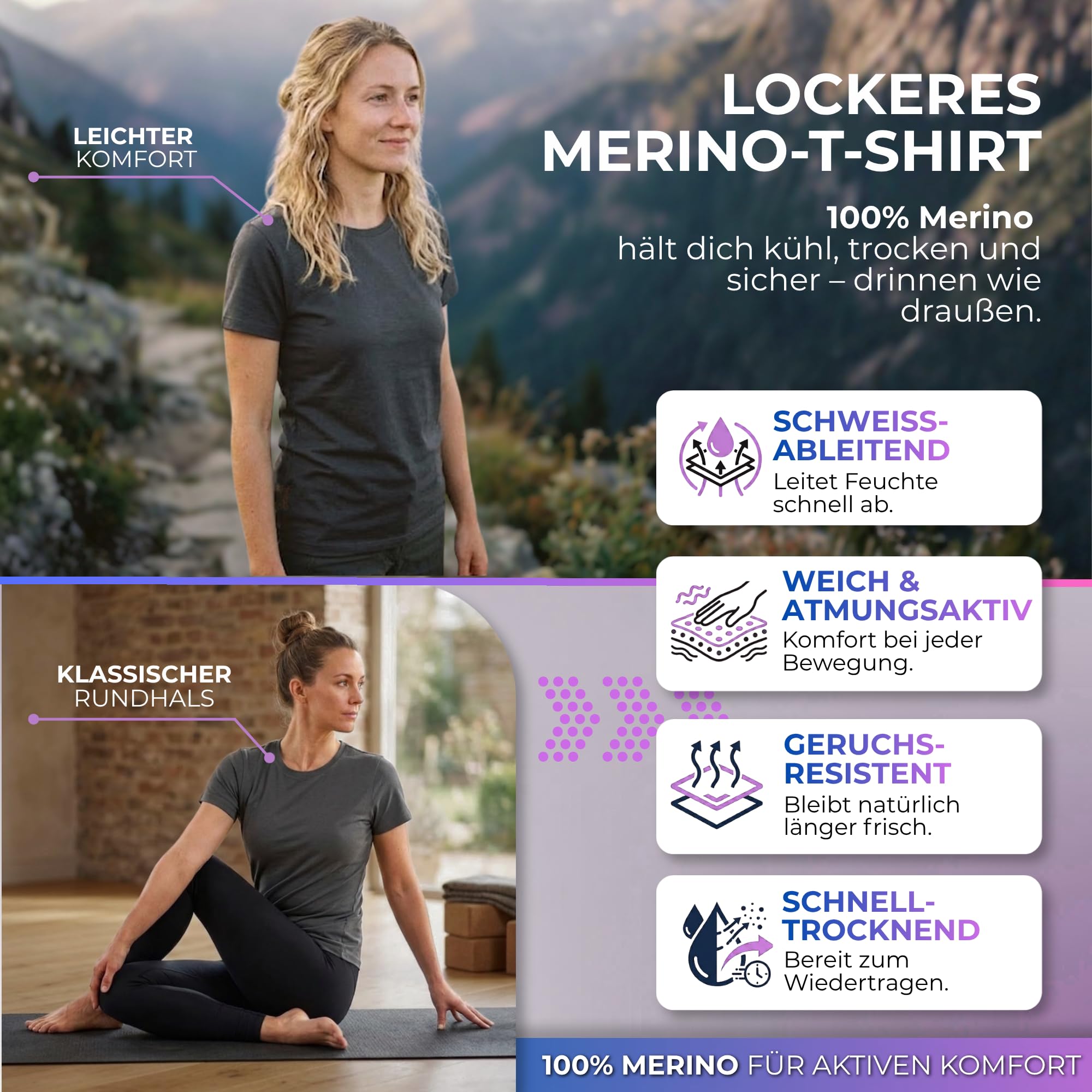 menique Damen 100% Merinowolle Kurzarm-Rundhals-T-Shirt, UPF 35 | Leichter atmungsaktiver Sommer-Baselayer, UV-Schutz, Thermounterwäsche und Sportshirt für Wandern Laufen Fitness, bequem