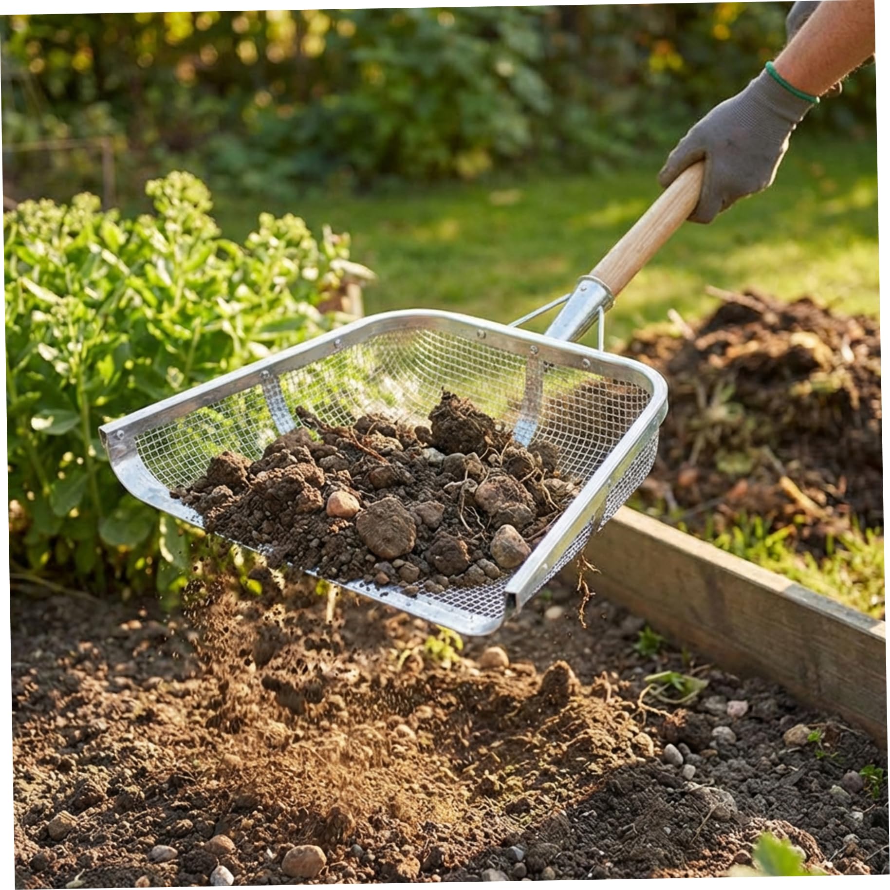 Pala per setaccio per sabbia, pala per setaccio, per terreno in acciaio inossidabile per giardinaggio Sabbia da 17, 5x14, 6 pollici con rete da 4 mm per un filtraggio efficiente di terreno e c