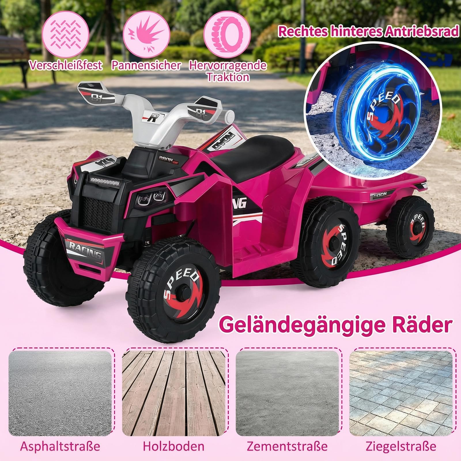 COSTWAY 6V Elektro Kinder Quad, Kinderquad mit abnehmbarem Anhänger, 2-3 km/h, Elektroquad mit Scheinwerfer, Vorwärts-& Rückwärtsfunktion, Mini Elektroauto ATV für Jungen & Mädchen ab 3 Jahren (Rosa)