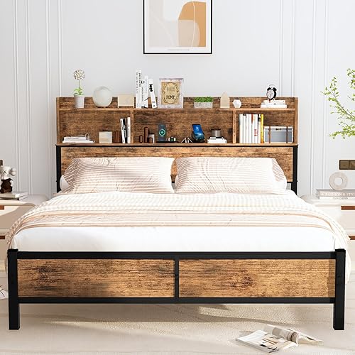 AWQM Base de cama tamaño Queen con cabecera de almacenamiento y estación de carga, marco de cama de plataforma de madera, sólido y estable, sin