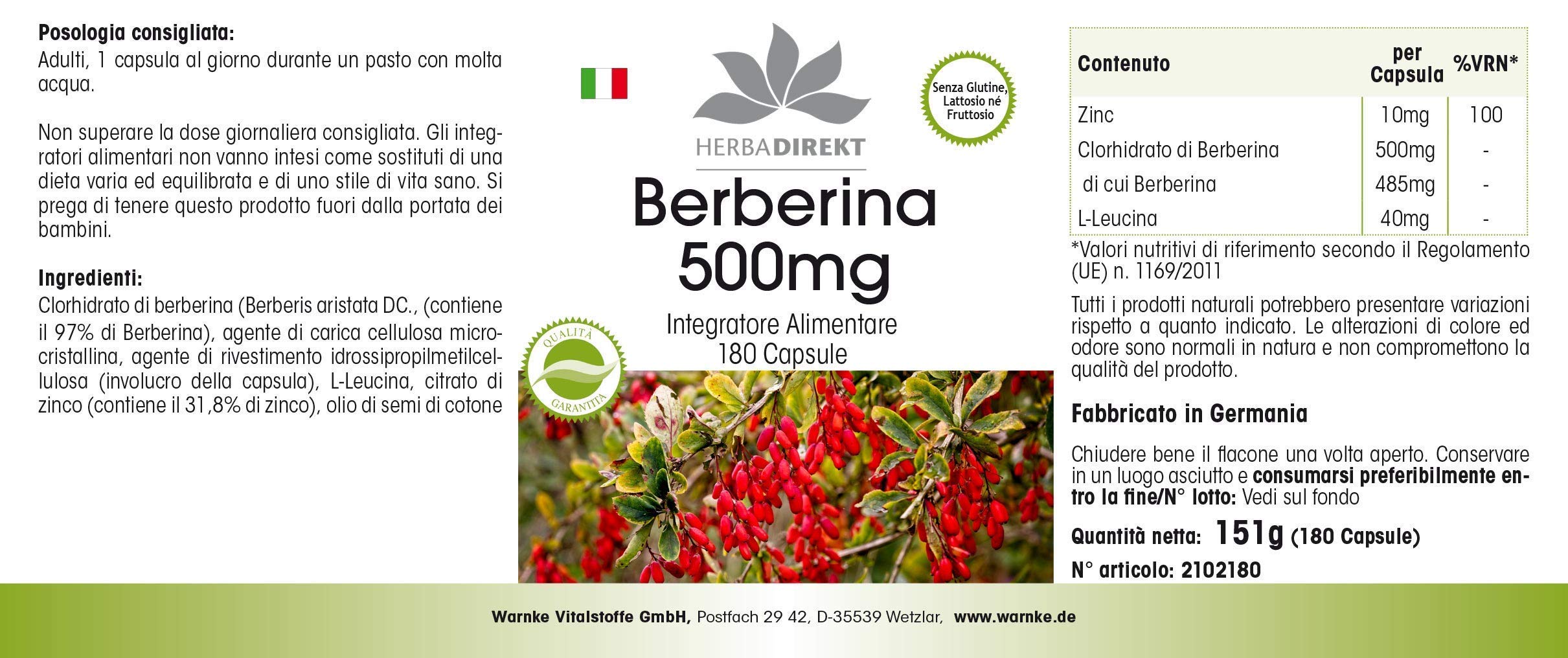 Berberina HCl 500mg + Zinco - altamente dosata - vegana - 180 capsule | HERBADIREKT by Warnke Vitalstoffe - Qualità da farmacia tedesca
