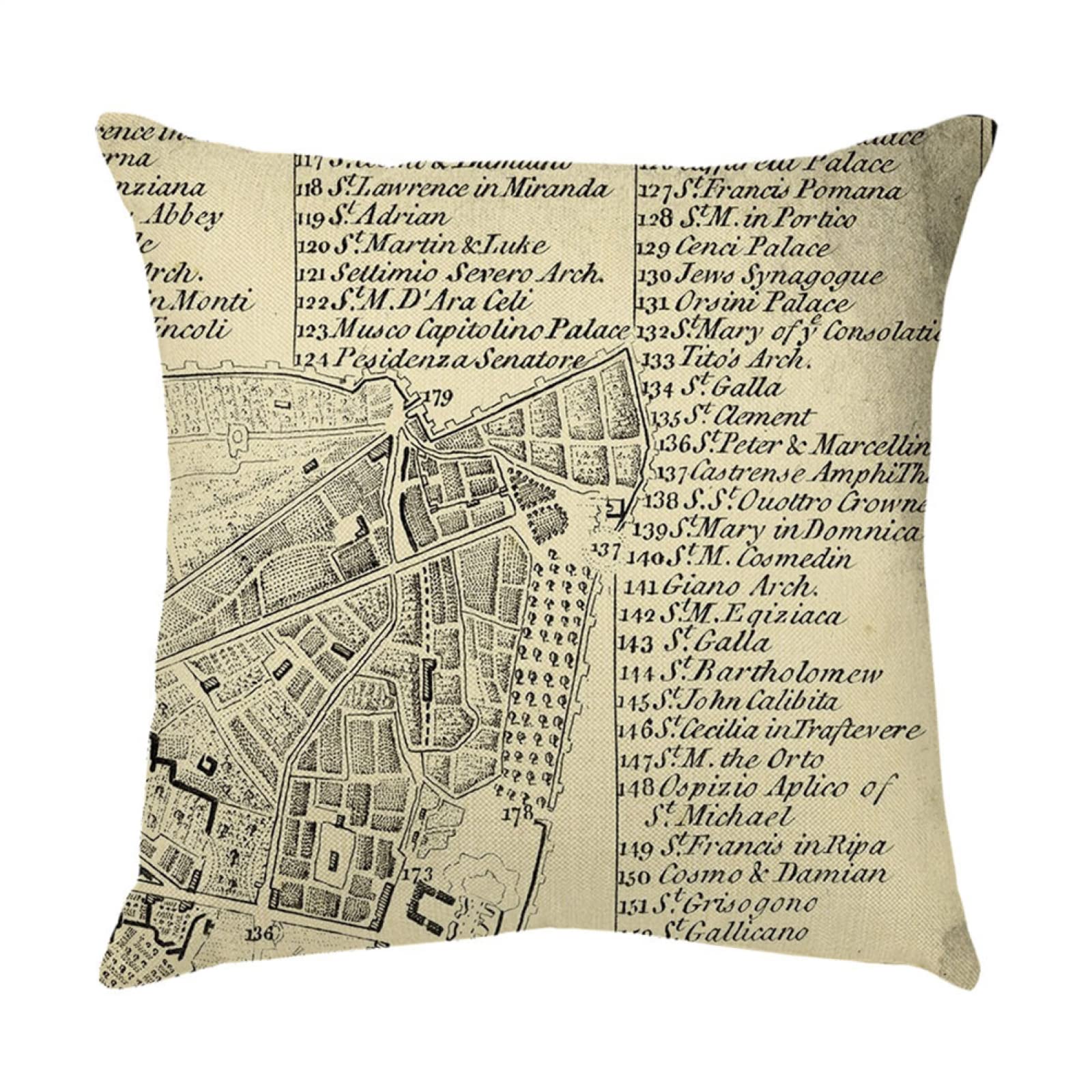 Zestaw 4 poszewek na poduszkę, retro charakter mapa poszewka na poduszkę lniana poszewka na poduszkę miękki poliester do domu salonu sofa ogród kanapa samochód (podwójny nadruk) 80 x 80 cm