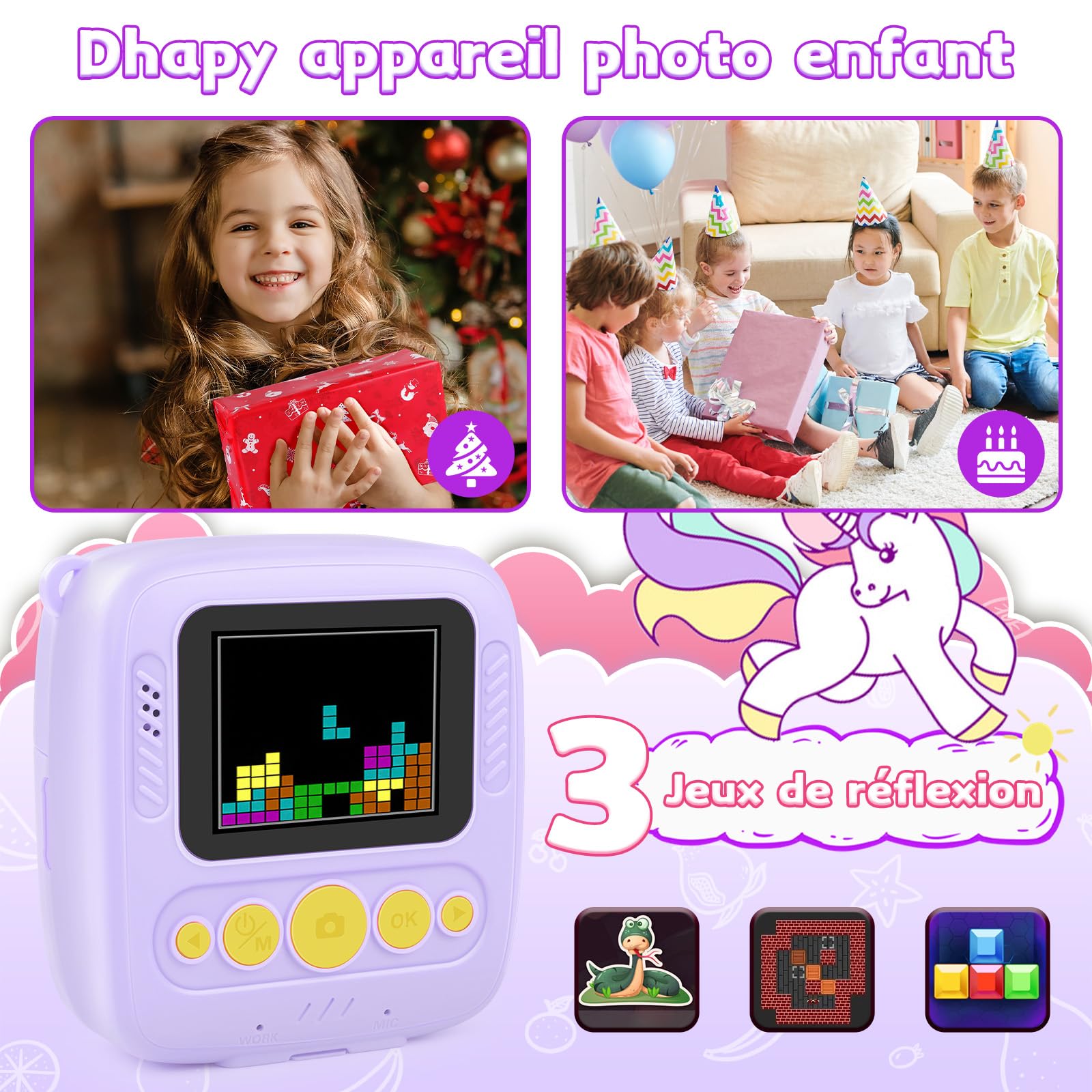 Aparat natychmiastowy dla dzieci, aparat natychmiastowy 48 MP dla dzieci z kartą 32 GB i papierem do drukowania, aparat cyfrowy dla dzieci 1080P, prezent dla chłopców - fioletowy