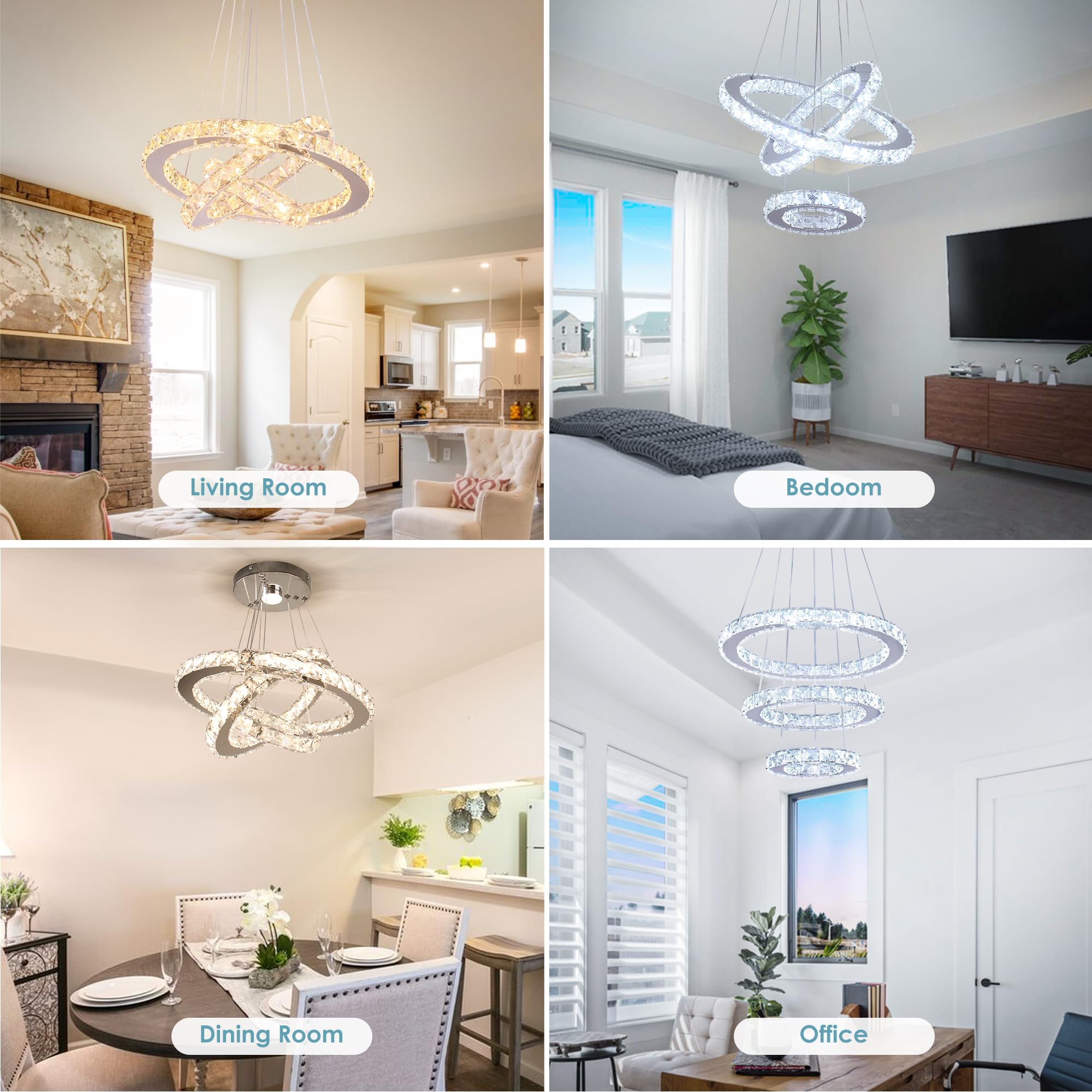 Dixun Lampadario dimmerabile LED, Plafoniera moderna, 3 Anelli, Regolabile, Lampada a sospensione in acciaio inossidabile, Lampadario per camera da letto, Soggiorno