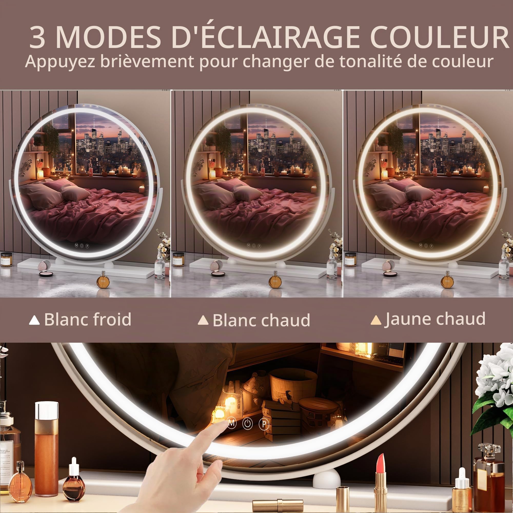 Hasipu Miroir de Coiffure avec éclairage, 60L x 60l cm, Miroir de Maquillage Lumineux avec Commande Tactile Intelligente, 3 Couleurs dimmables, Rotation 360°, Blanc Rond