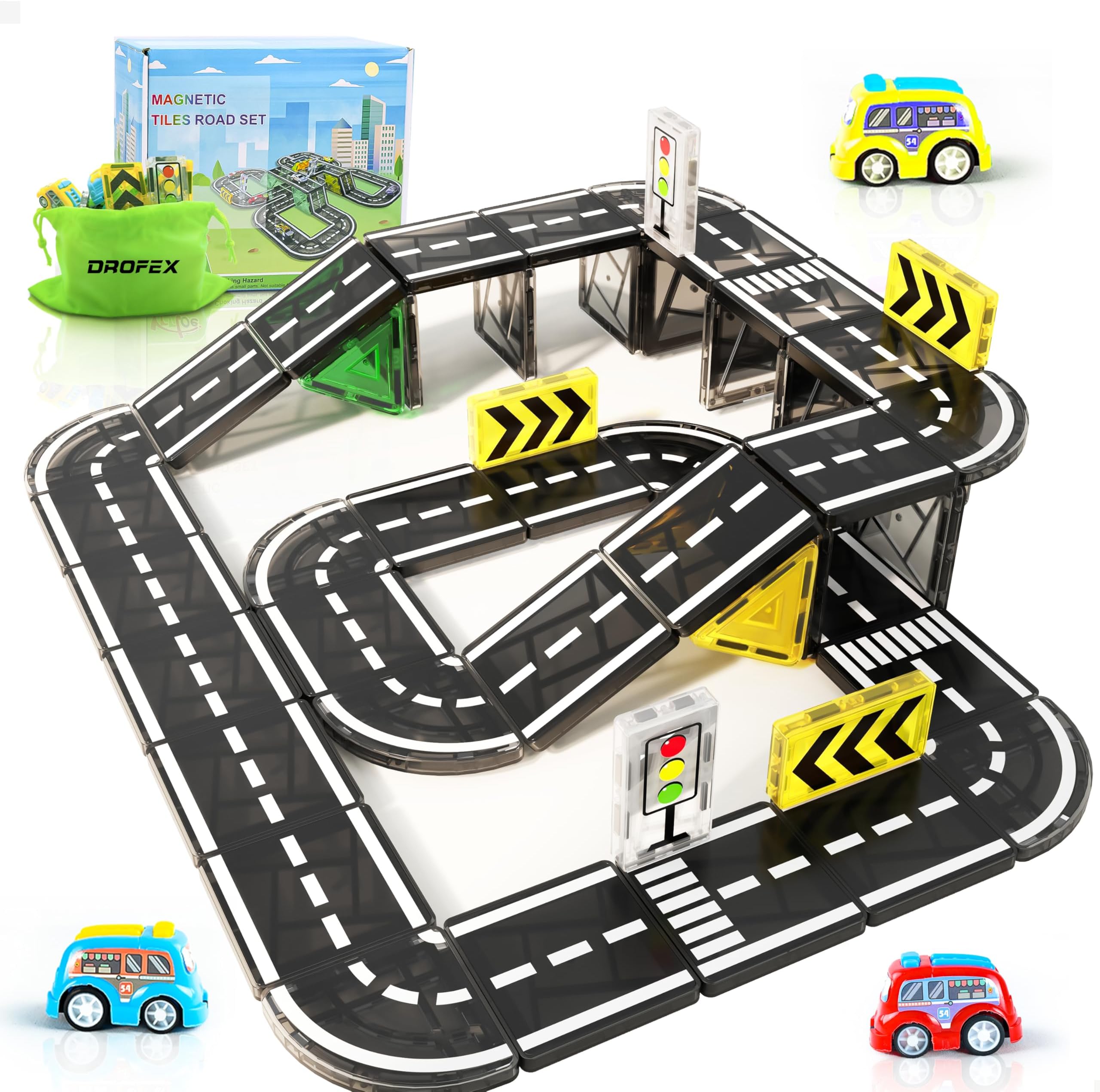 Drofex 42pcs Magnetic Tiles Road, Magnetic Building Blocks City Construction Toys for 3+Year Old Boys Girls, Kids Montessori Toys for Toddler, STEM Learning Gifts