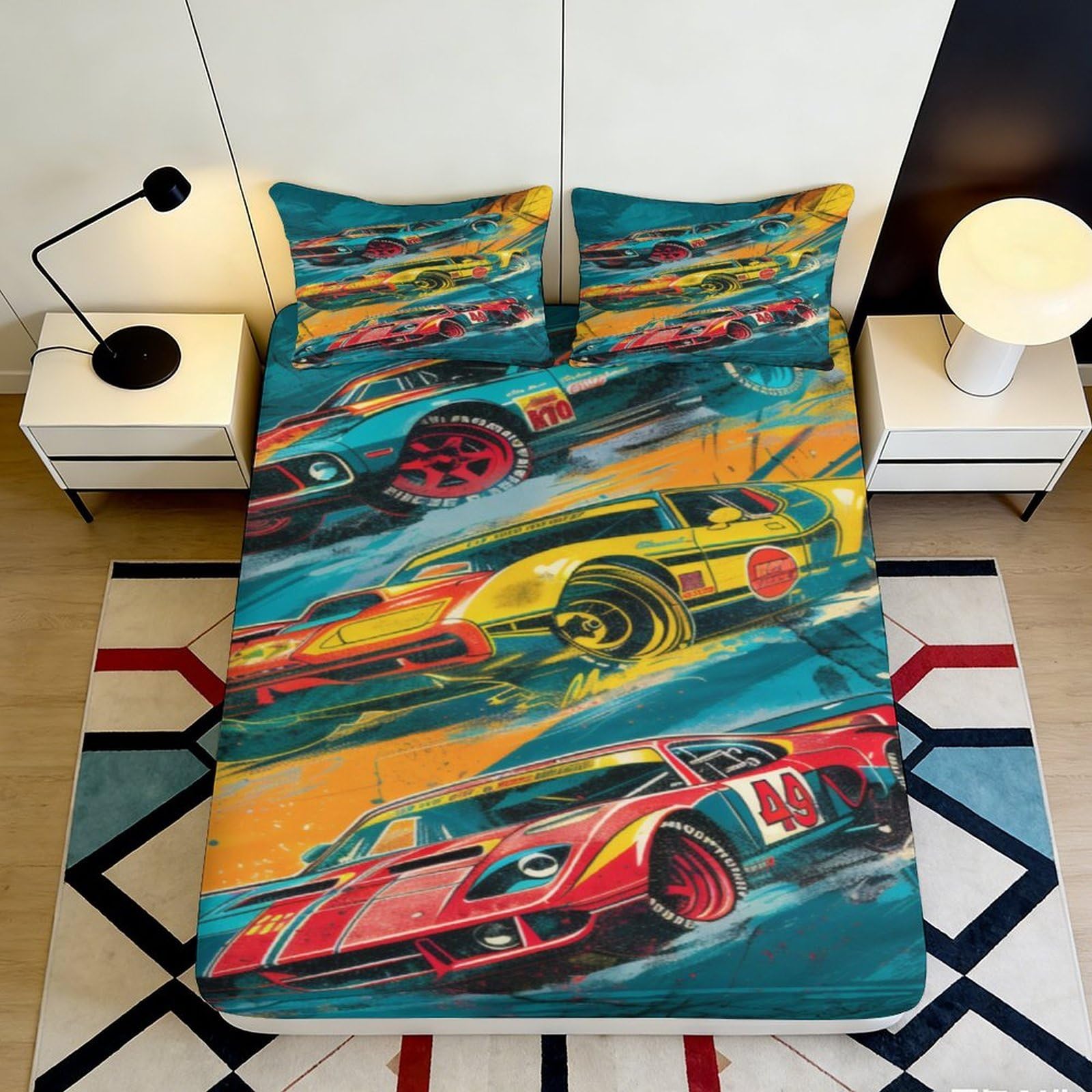 3D Printed Racing Design Fitted Sheet Microfiber Non-Slip Deep Pocket Full Wrap Racing Mattress Fitted Cover Washable for Adults Teens Bedroom 200x200x25cm