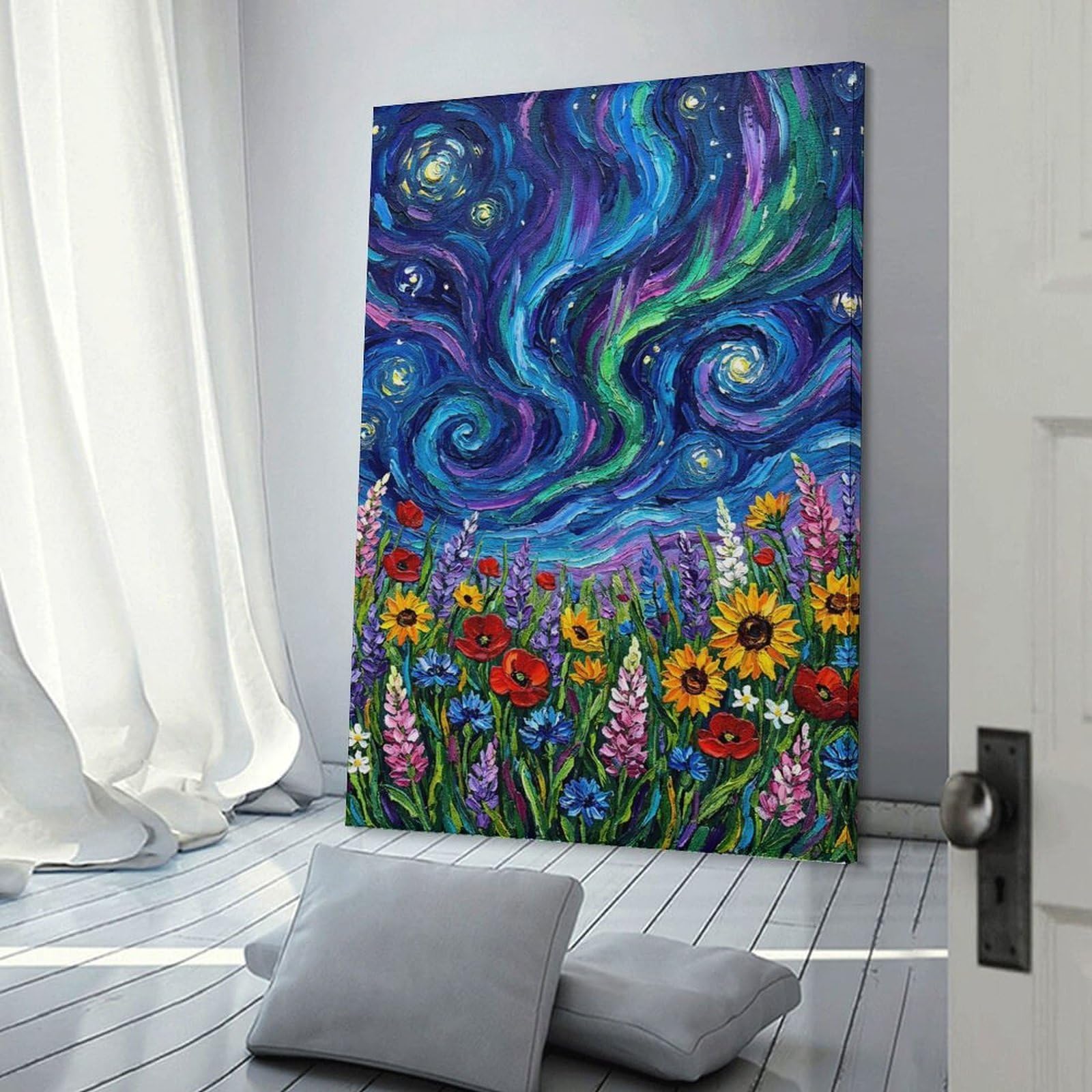 Junmoney Floral Field Under Swirling Night Sky Room Decor Wall Art, 20x30inch(50x75cm), for Hallway, Lounge Or Guest Room, Gift Idea for Housewarming And Birthdays