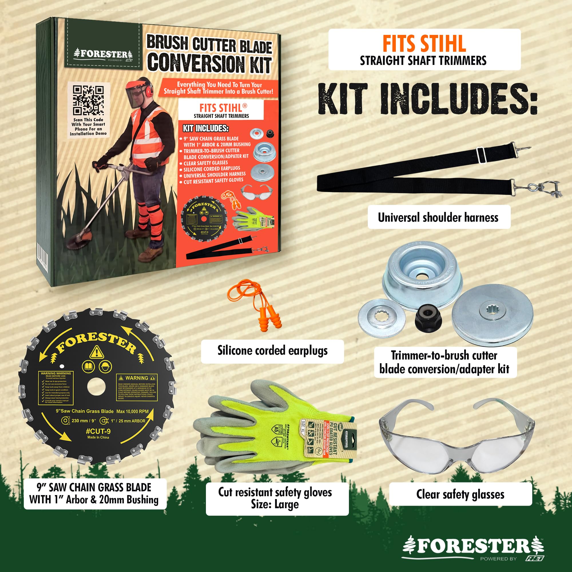FORESTER Kit de conversión de desbrozadora con corte 9, incluye gafas de seguridad, tapones para los oídos, guantes, arnés, compatible con la mayoría de recortadoras de eje recto Stihl