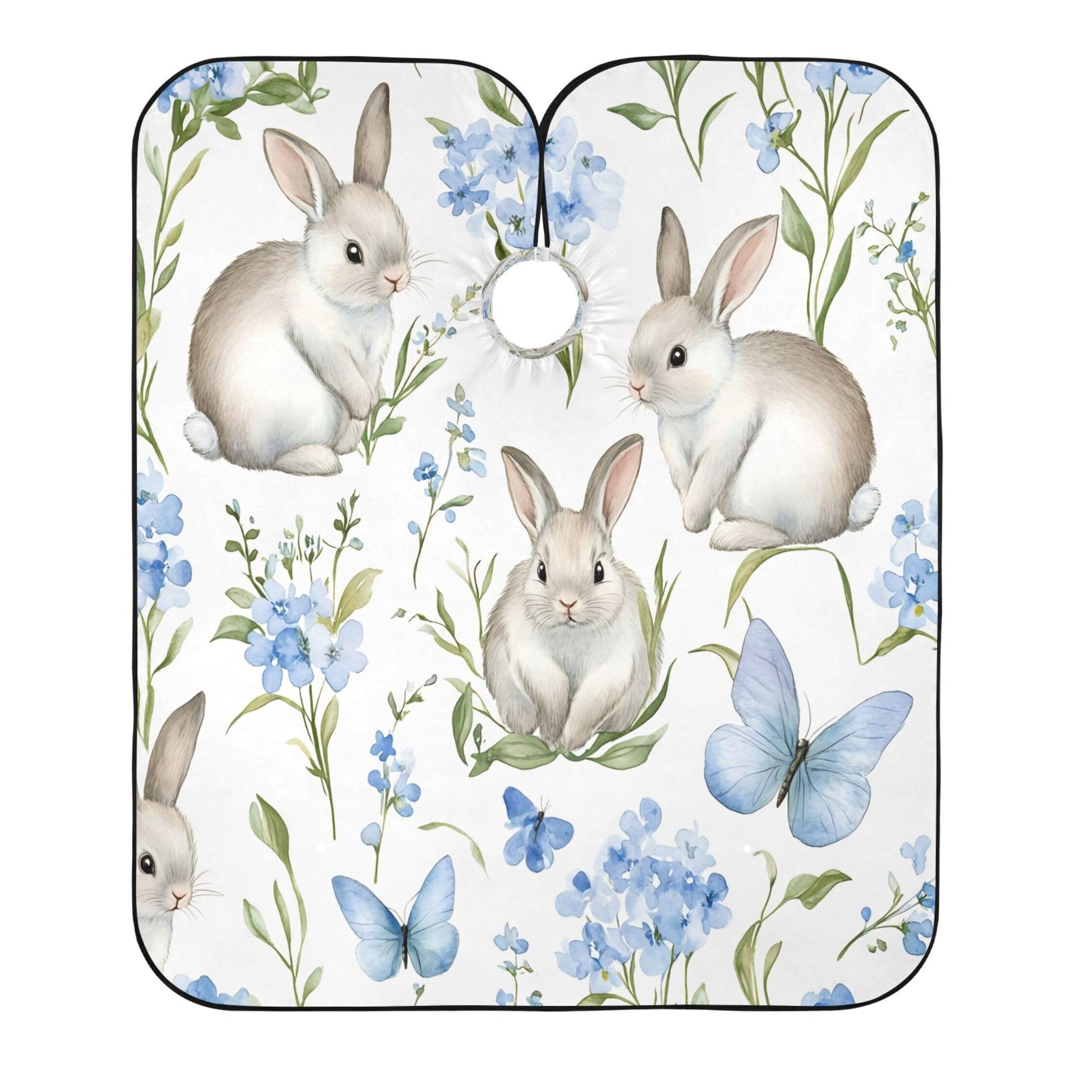Takiito Watercolor Bunnies Blue Flowers Barber Cape for Men, Waterproof Haircut Cape Hairdressing Cape Beard Apron Cape for Salon Home Use, 55x65 in