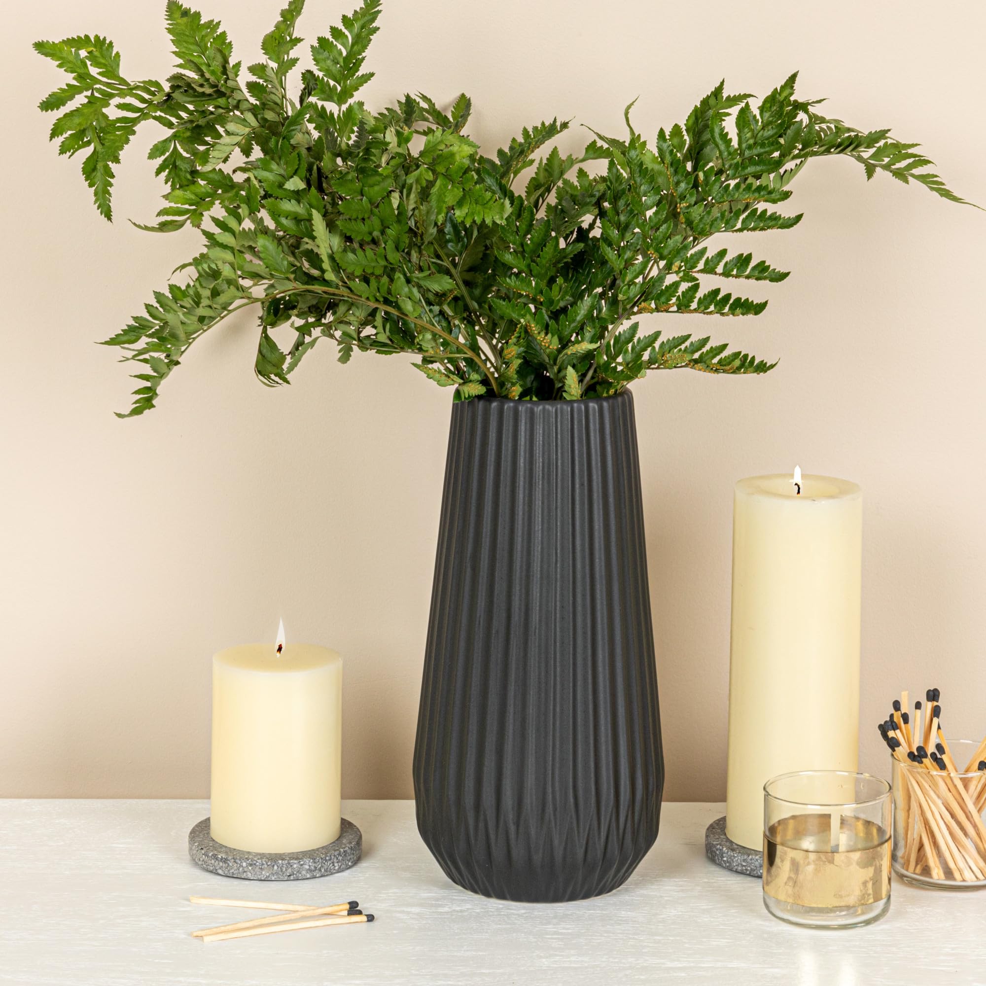 Bloomingville Round Stoneware Fluted Vase with Embossed Lines, Matte Black