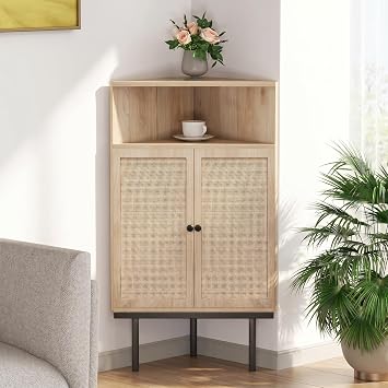 XIAO WEI Corner Storage Cabinet with Rattan Doors, 39" Tall Corner Cabinet for Bathroom, 4-Tier Farmhouse Floor Cabinet with Adjustable Shelves & Metal Legs, Space-Saving Organizer, Natural Oak