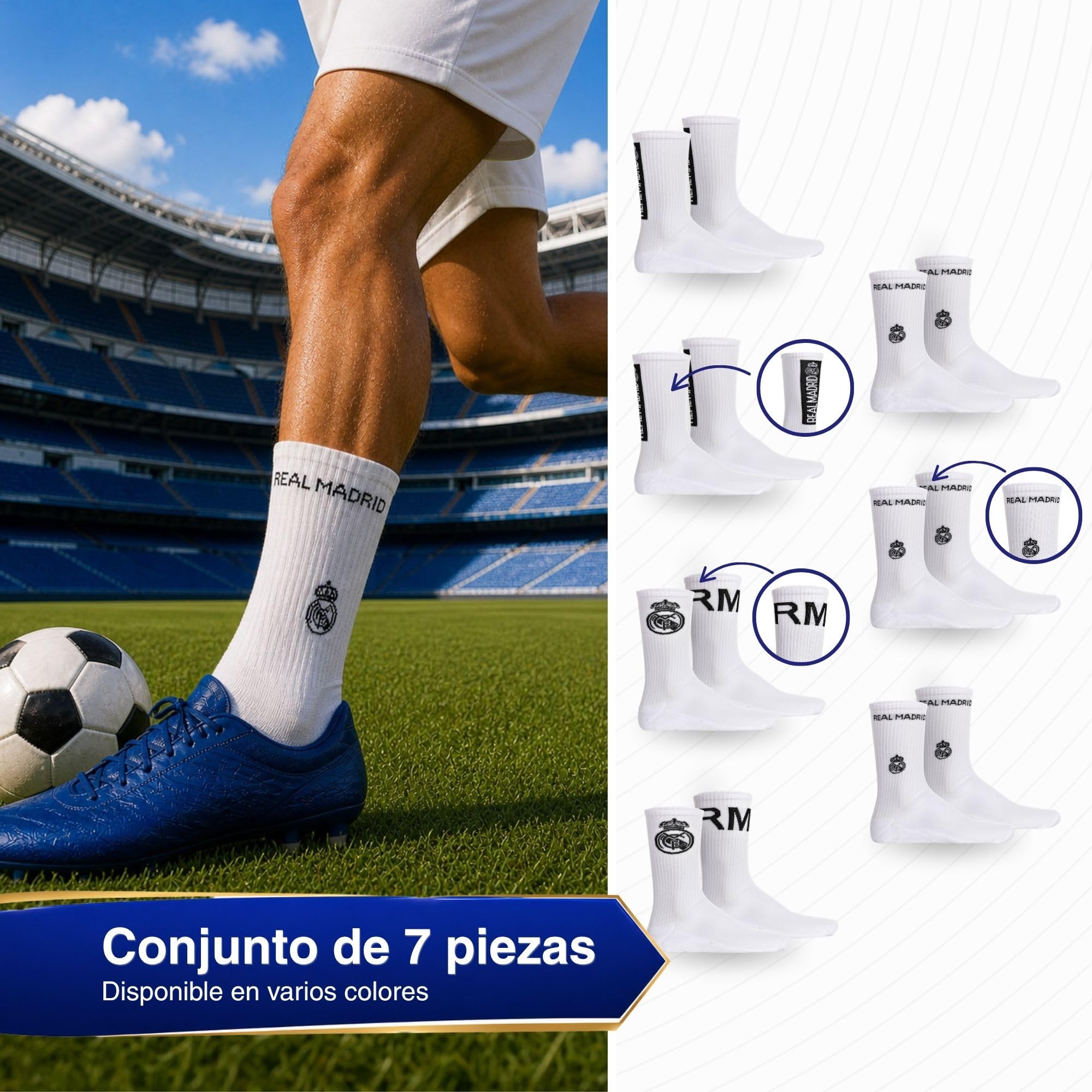 Real Madrid Calcetines Unisex Pack 7 – Producto Oficial con Licencia | Calcetines Deportivos de Algodón Mezcla | Pack Calcetines Hombre y Mujer con Logo Integrado