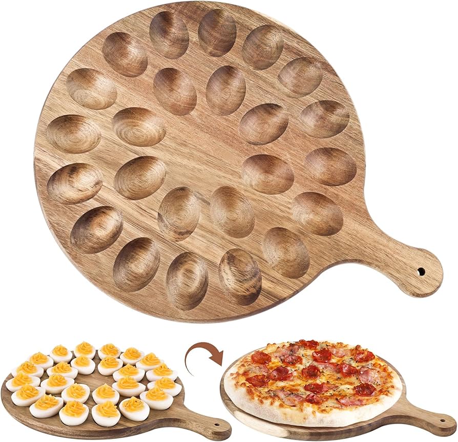 HANSGO Deviled Egg Platter, Wooden Round Deviled Egg Charcuterie Board Tray Holder Carrier with 24 Holes for Kitchen Countertops