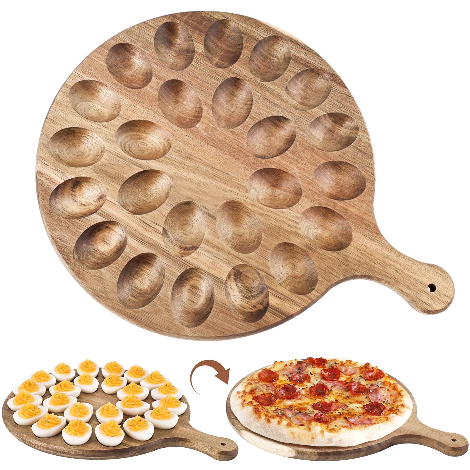 HANSGO Deviled Egg Platter, Wooden Round Deviled Egg Charcuterie Board Tray Holder Carrier with 24 Holes for Kitchen Countertops