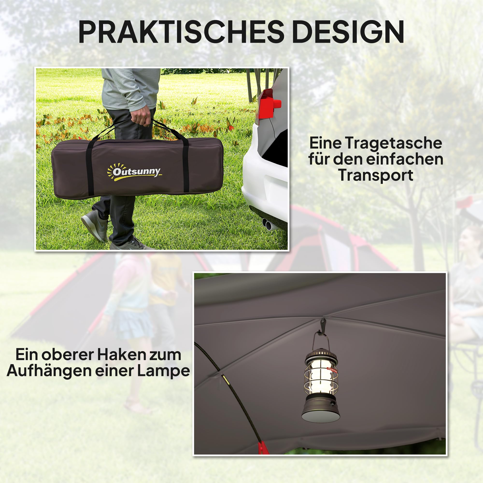 Outsunny Tunnelzelt, Campingzelt für 4-6 Personen, mit 3 Räumen, Lichthaken, Gruppenzelt mit Doppeltüren, 3000mm Wasserabweisend Familienzelt, für Garten, Campingplatz, Grau
