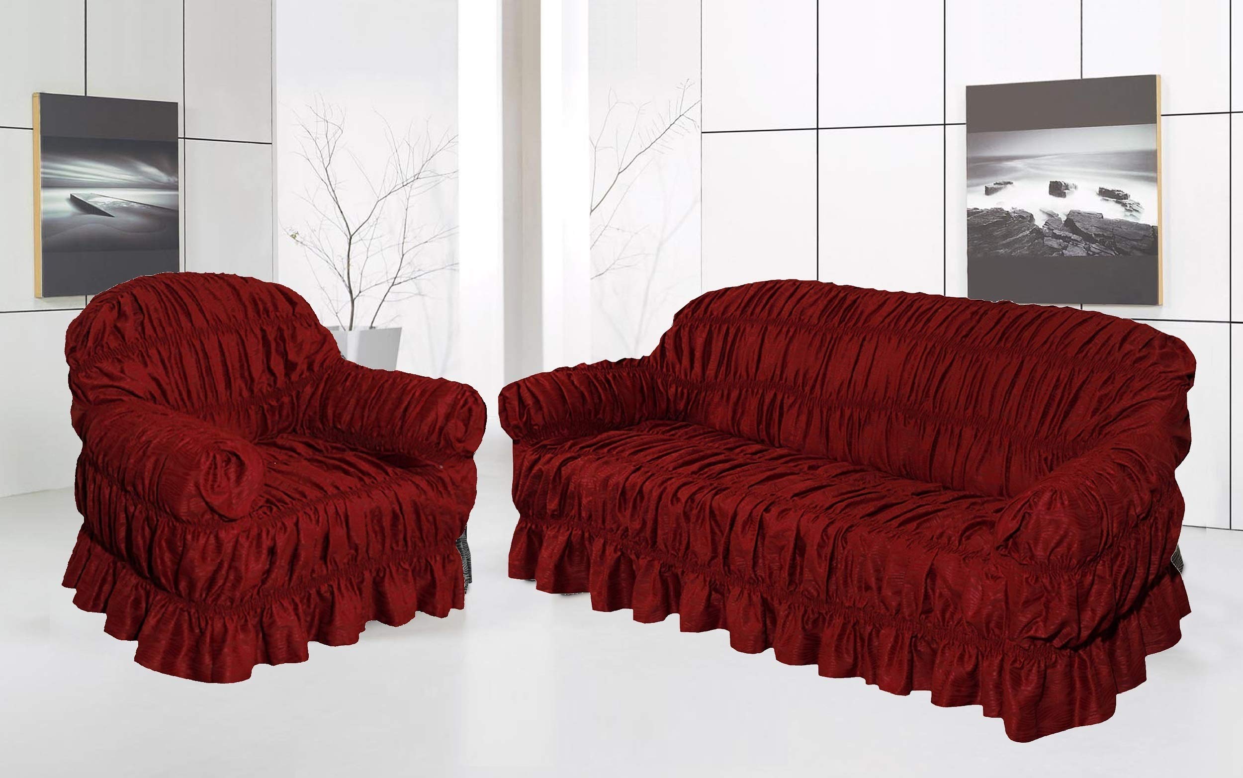 Jacquard Sofa Cover & Slip Cover Seater/Alternate to Sofa Throw (BURGUNDY SOFA, 2 SEATER)