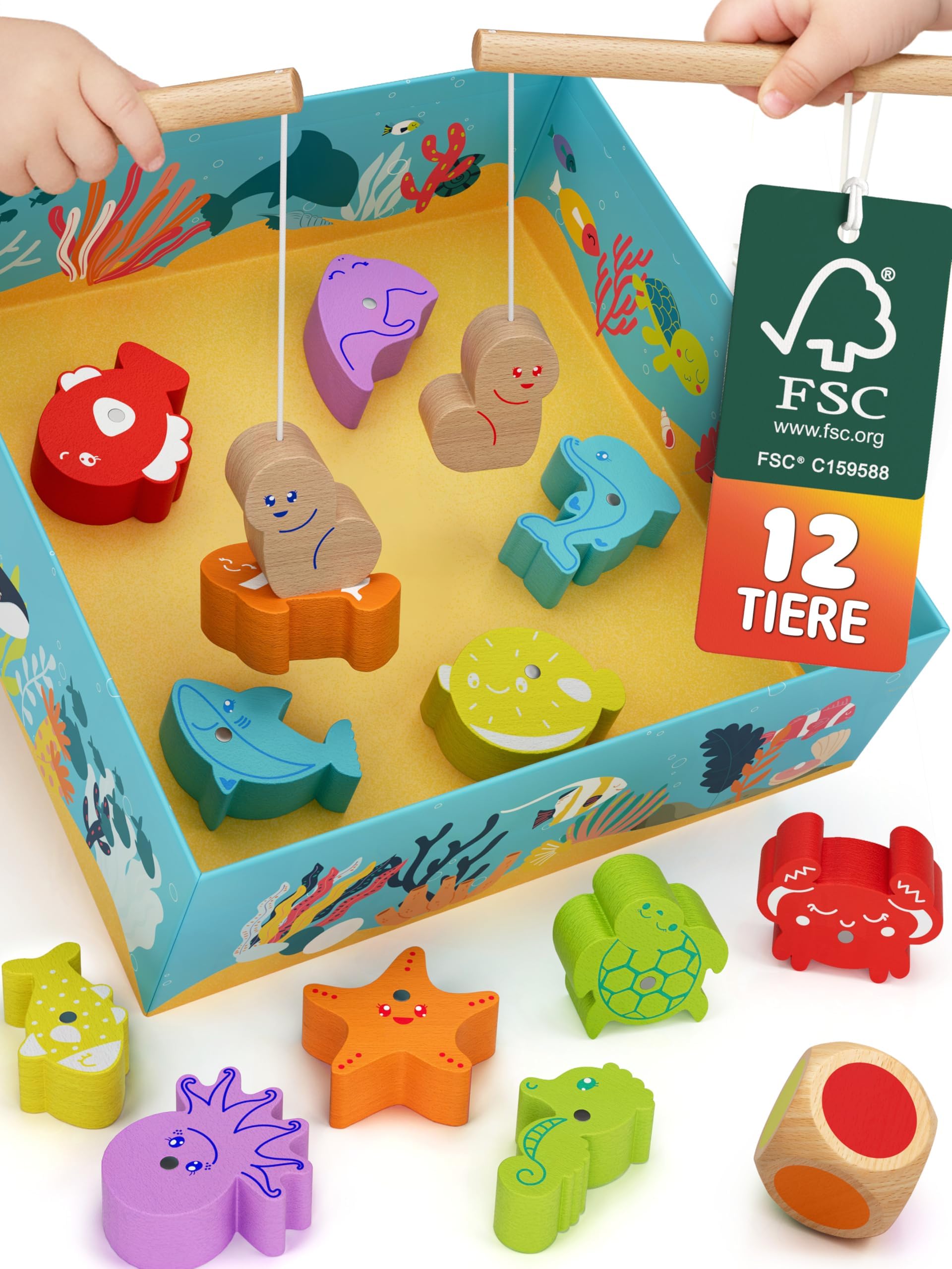 Merle Toys® Magnetisches Angelspiel ab 2 Jahre, 100% FSC, Angelspiel aus Holz mit 2 Angelruten, Montessori Spielzeug ab 2 Jahre, Fische Angeln Spiel, Geschenk für Mädchen und Jungen