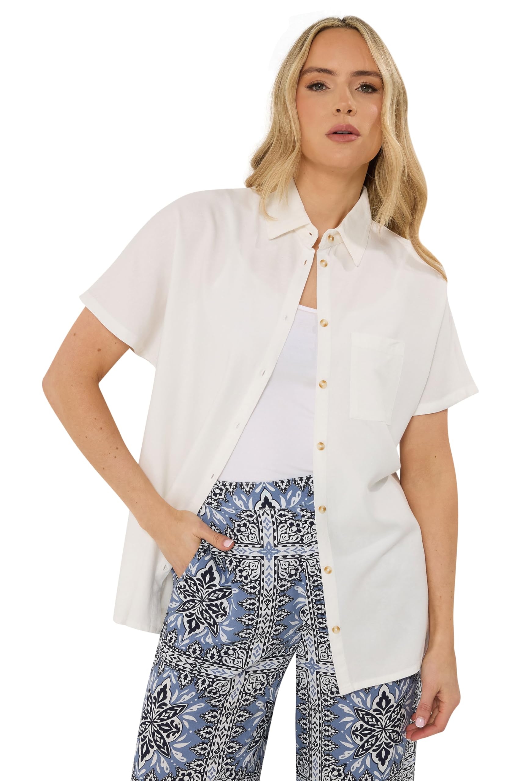 Long Tall Sally Women's White Tall Short Sleeve Linen Shirt In Size 20