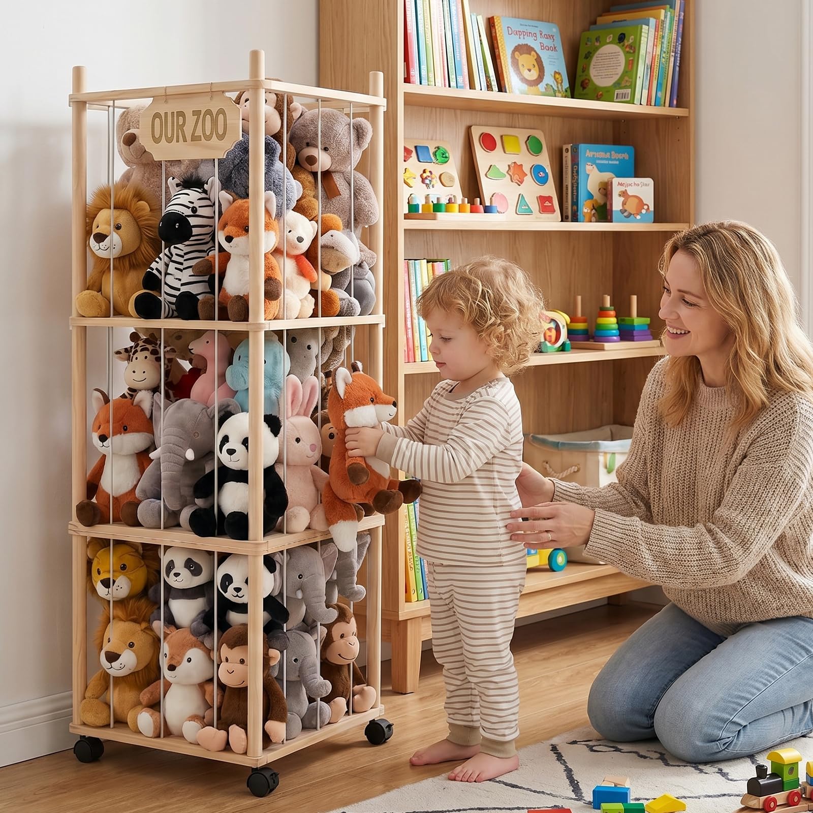Caja de almacenamiento de animales de peluche de madera, 146 cm, con ruedas, 3 niveles, almacenamiento de peluche, organizador para habitación de los niños, estantería de zoológico de peluche, incluye