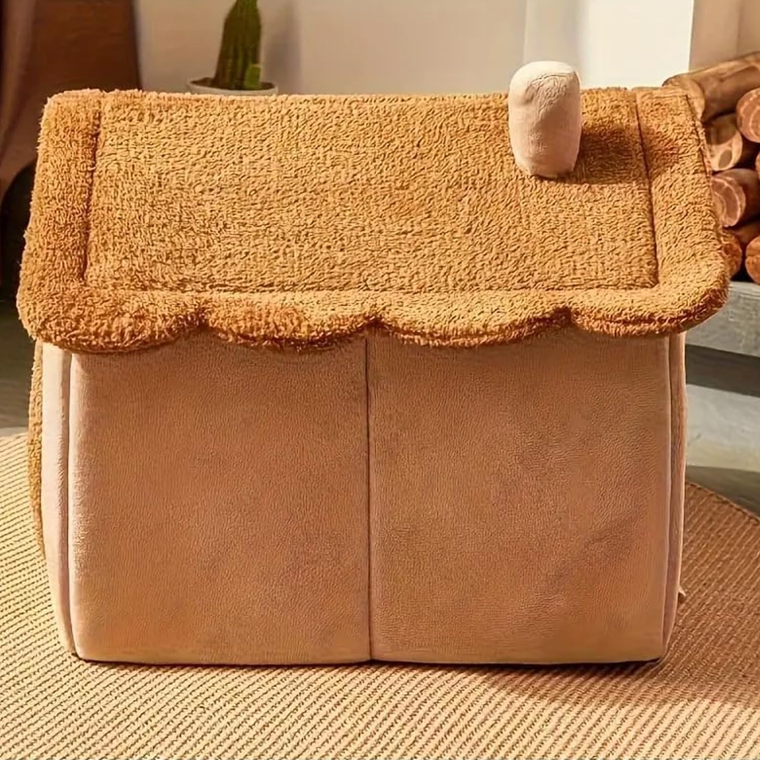 لينجي سرير للقطط في الاماكن المغلقة، منزل قطط كبير قابل للطي مع بساط، سرير قطط ناعم ومريح وقابل للغسل والفصل، مناسب للقطط والكلاب والحيوانات الاليفة الصغيرة والمتوسطة الحجم (بني، 40×35×38 سم)