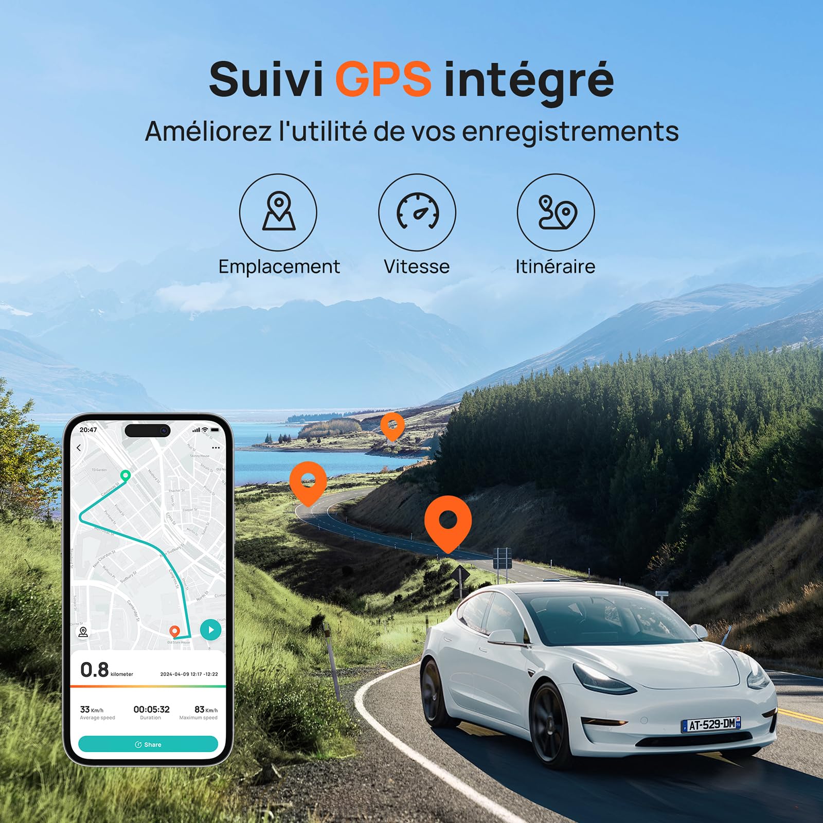 70mai Dash Cam Voiture A510 3K 1944P+1080P Dashcam, STARVIS 2 Camera Embarquée, Dash Cam Avant Arriere, GPS, WiFi, Surveillance Parking, Enregistrement en Boucle, Vision Nocturne avec HDR, ADAS
