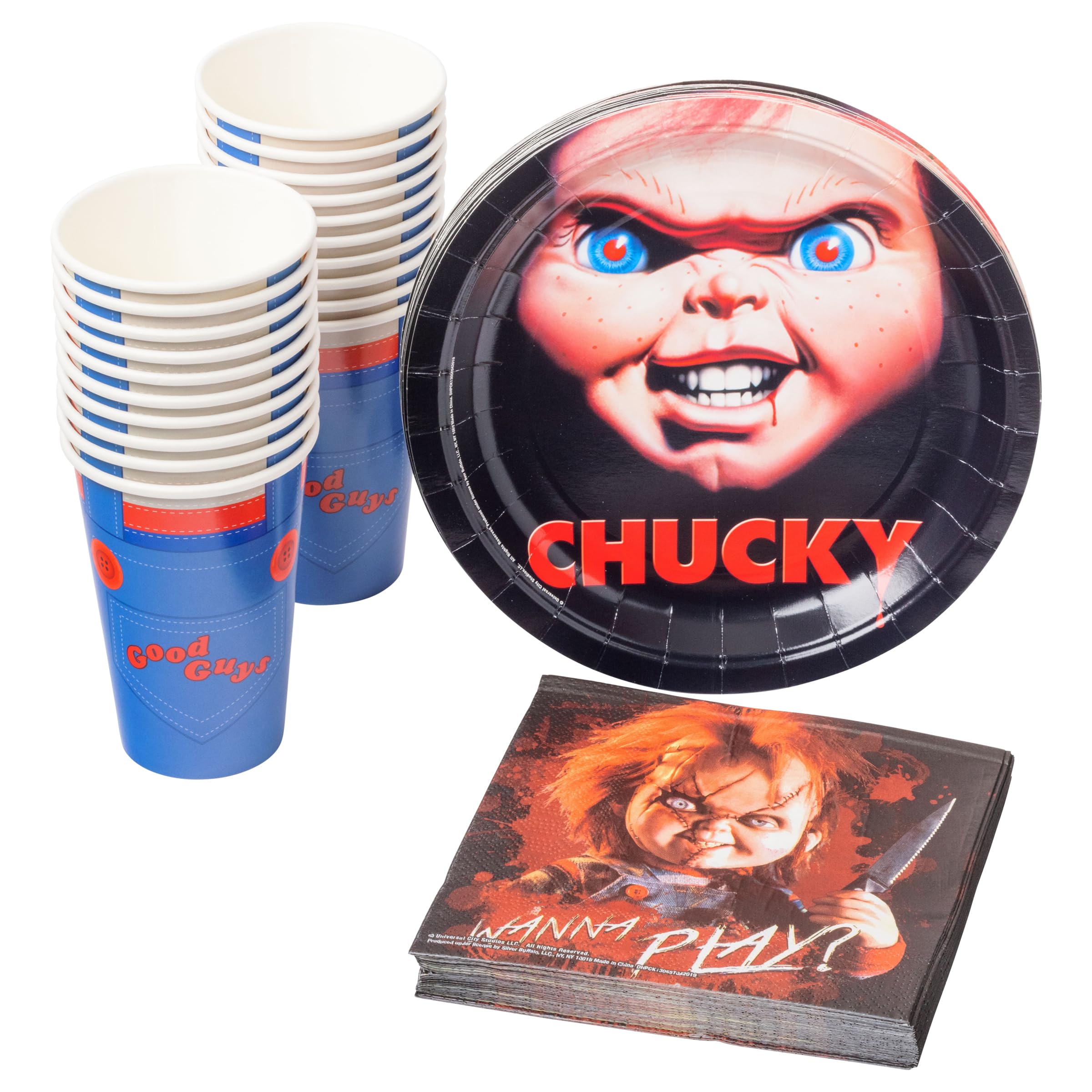 Silver Buffalo Chucky Wanna Play 60 Pack Partyware Disposable Paper Plates, Napkins, and Cups