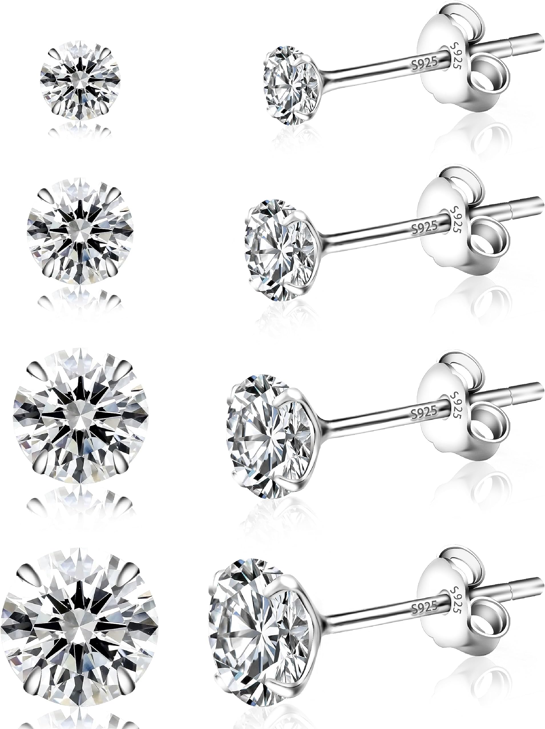 4/6 Pairs Sterling Silver Earrings for Women,Stud Earrings for Women,5A+ Cubic Zirconia Size，Hypoallergenic Earrings Set Anti-Oxidation Elastic Packing Box