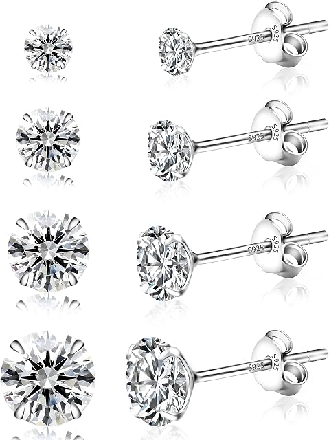 Yiorxu 4 Pairs Sterling Silver Earrings for Women,Stud Earrings for Women,5A+ Cubic Zirconia Size: 3/4/5/6mmHypoallergenic Earrings Set Anti-Oxidation Elastic Packing Box