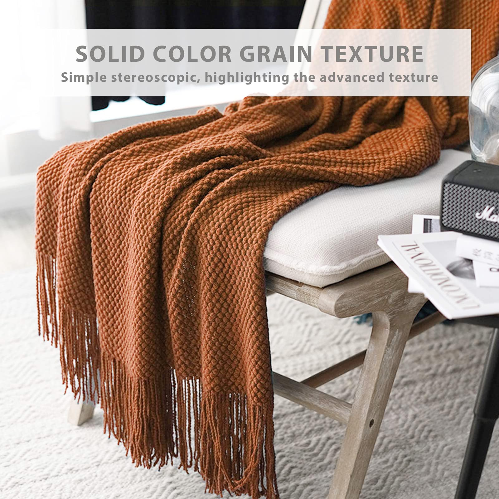 LumiSyne Manta De Punto con Flecos Color Sólido Rejilla De Piña Comoda Suave Cubresofa Cubrecama Manta Cubrecama Decorativa para Sofá Cama 230x130cm