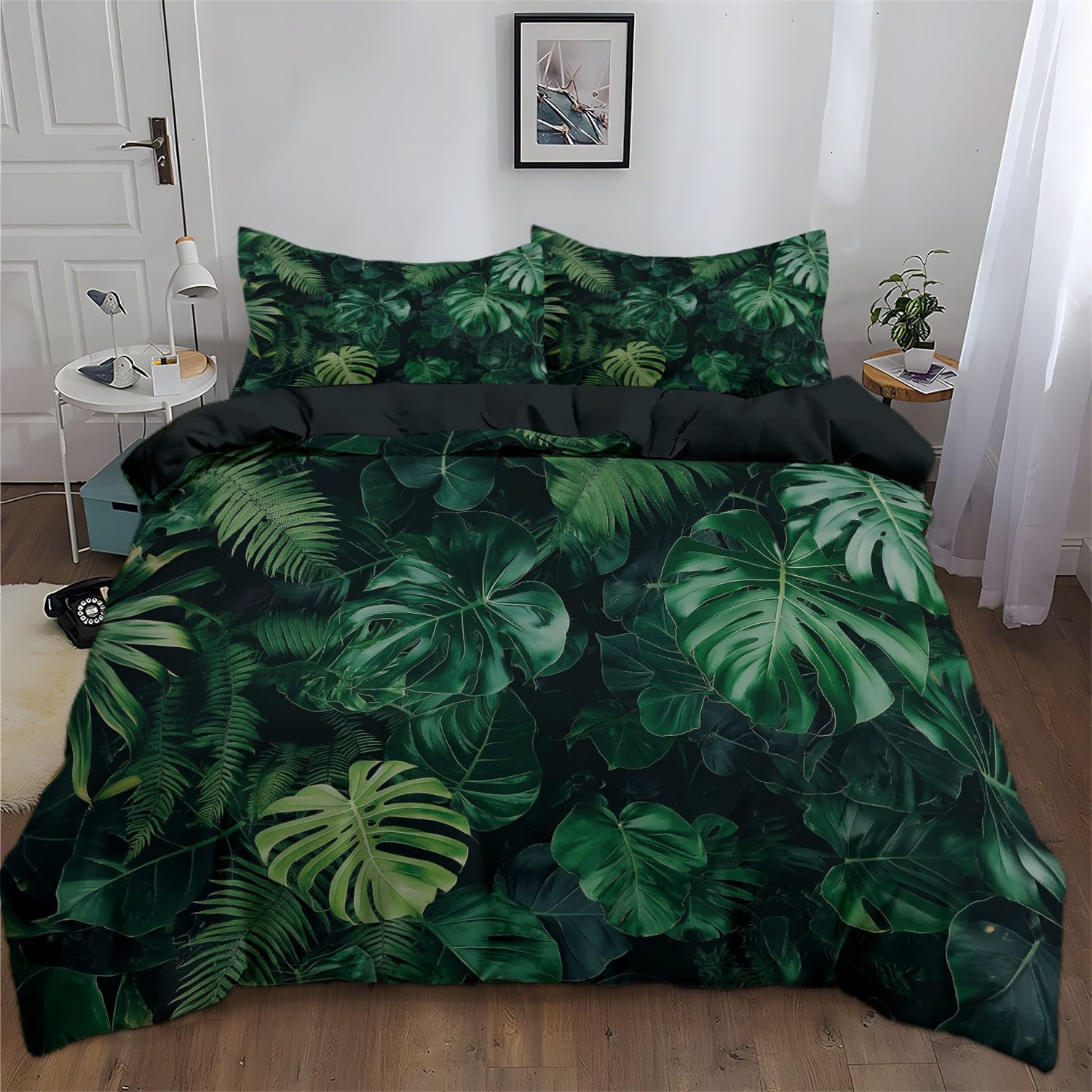 Pościel 240 x 220 cm, tropikalna poszewka na kołdrę, ÖkoTex, 3-częściowy, super miękka i nie wymaga prasowania, dwustronna pościel z mikrofibry i 2 poszewki na poduszkę 80 x 80 cm, zielona