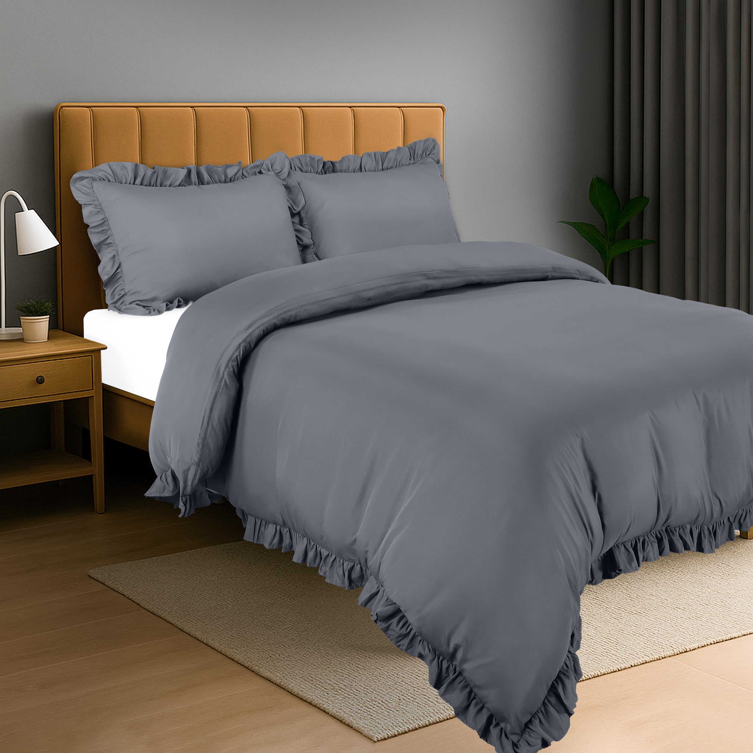 Utopia Bedding Ruffle Duvet Cover Set - Duvet Cover Double with Pillowcases - Soft Microfibre Polyester Ruffle Bedding (Grey)