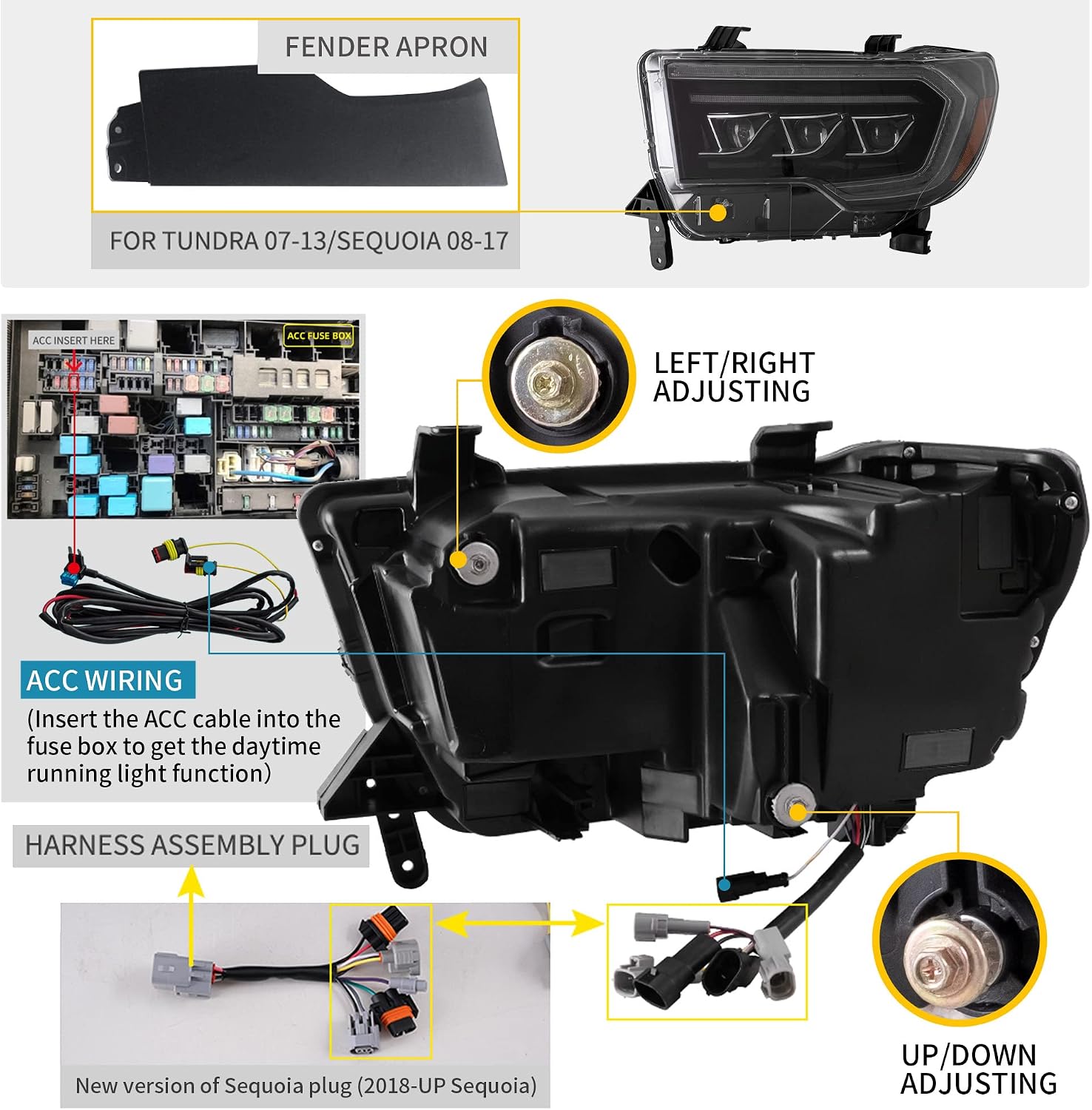 VLAND LED Projector Headlights Compatible for [ TOYOTA TUNDRA 07-13, SEQUOIA 08-21 ] With Welcome Breathe Function Dynamic DRL, Driver & Passenger Side