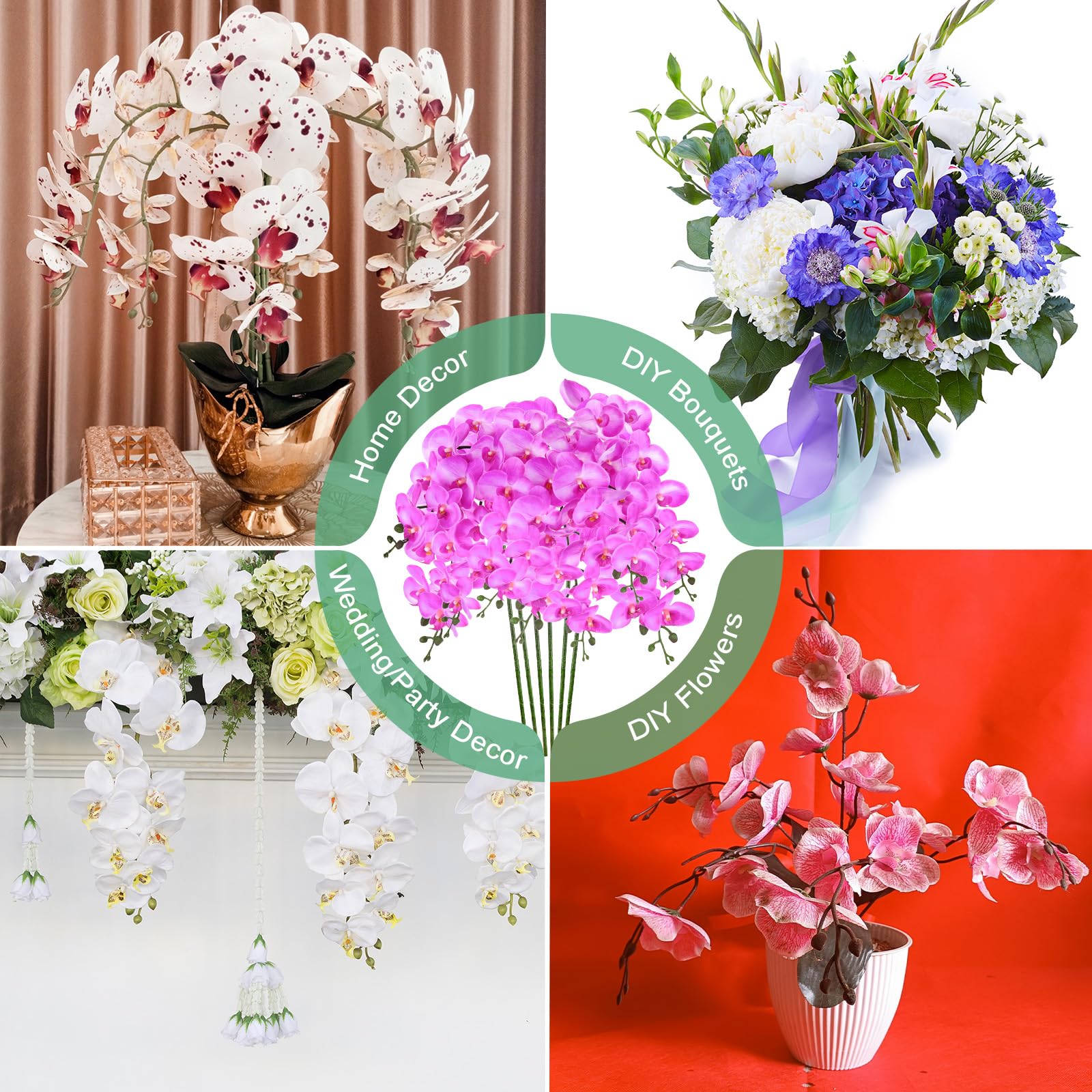M METERXITY 6er-Pack Künstliche Orchideenblumen 9 große Blüten 94 cm Lila | Phalaenopsis Seidensträuße, Fake Orchideen, Real Touch, für Zuhause/Hochzeit/Weihnachten/Party/Garten/Büro
