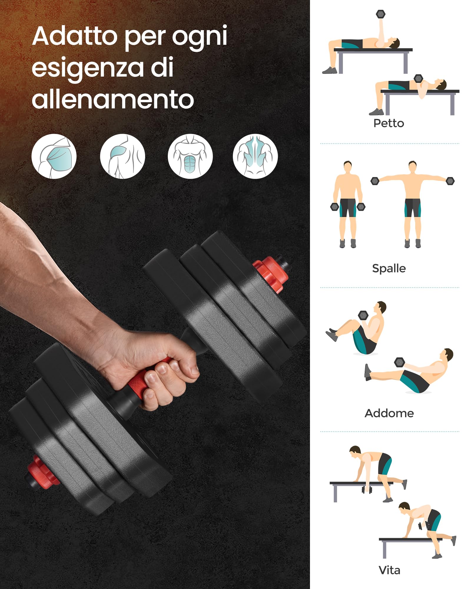 SONGMICS Set di Manubri con Barra di Collegamento, Manubri Corti, Peso Esagonale per Allenamento, Fitness, Sollevamento Pesi a Casa, Palestra