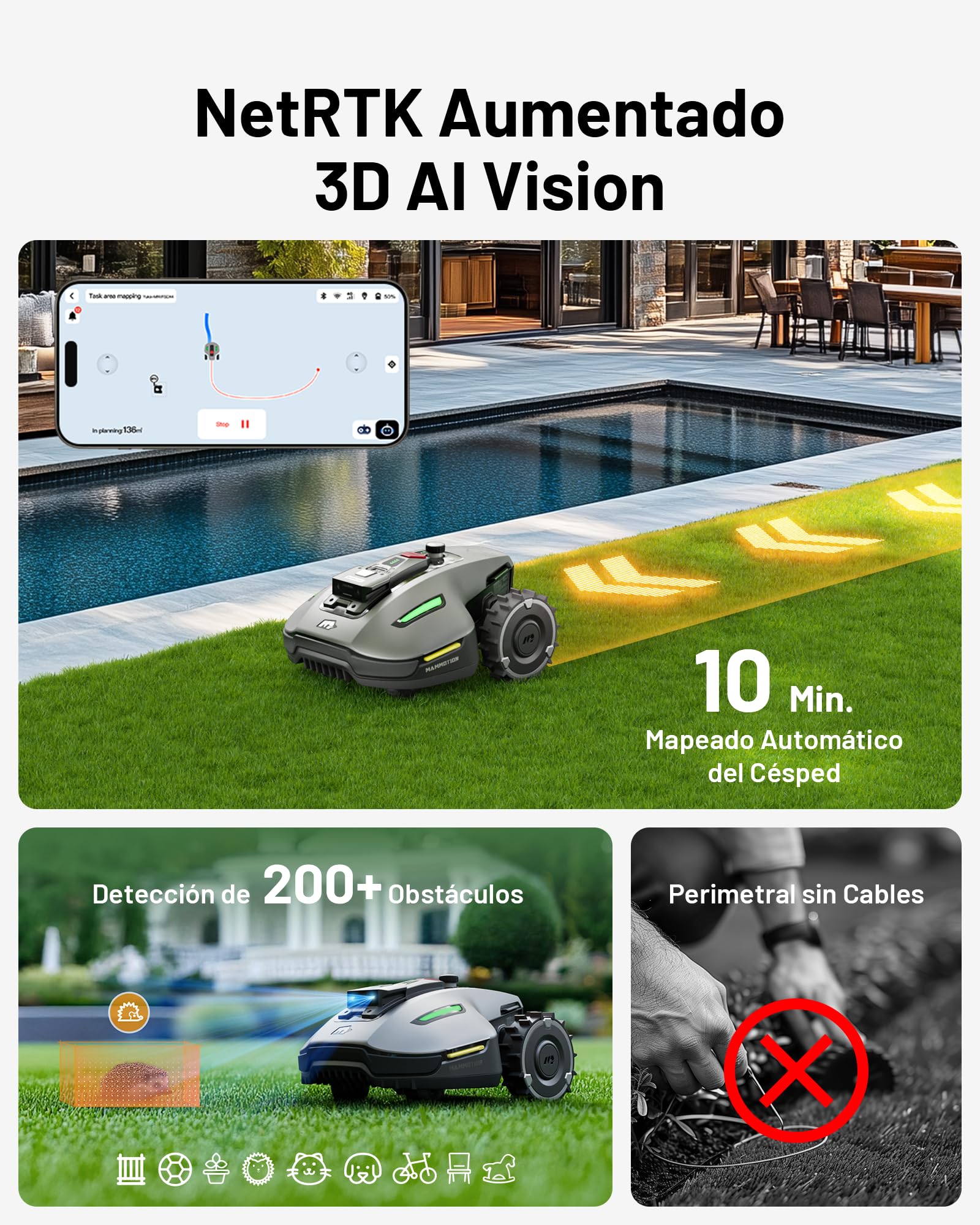 MAMMOTION YUKA Mini 700 Robot Cortacésped Perimetral sin Cables, Recomendado 700m², MAX. 1100m², Auto Mapping Visión 3D AI, 50% Pendiente, 5 Cuchillas Pivotantes, con Módulo 4G