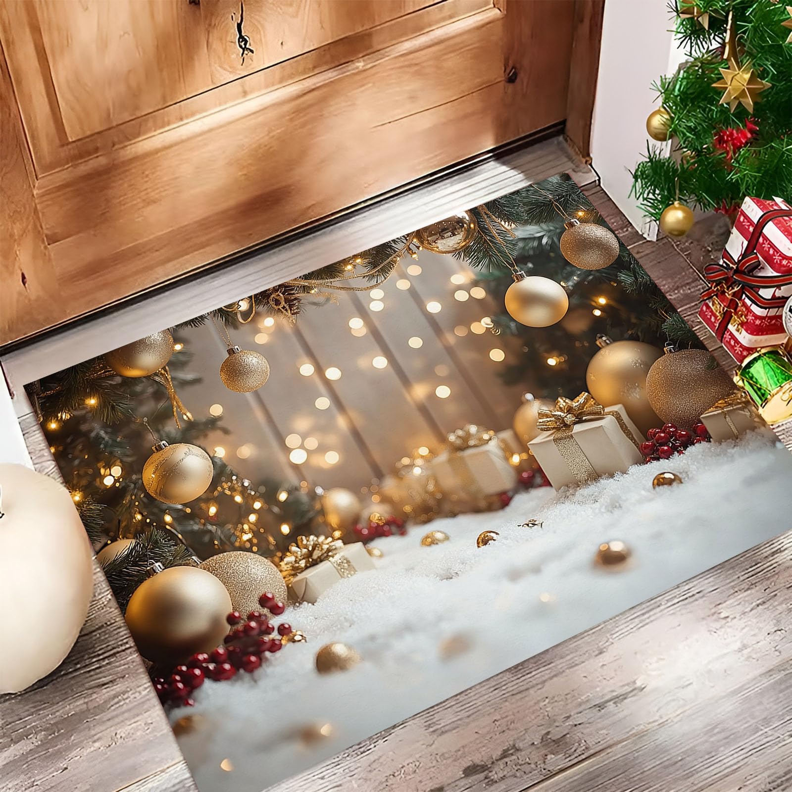 Paillasson de Noël 80x120 cm tapis de porte imprimé boules dorées pour l'entrée