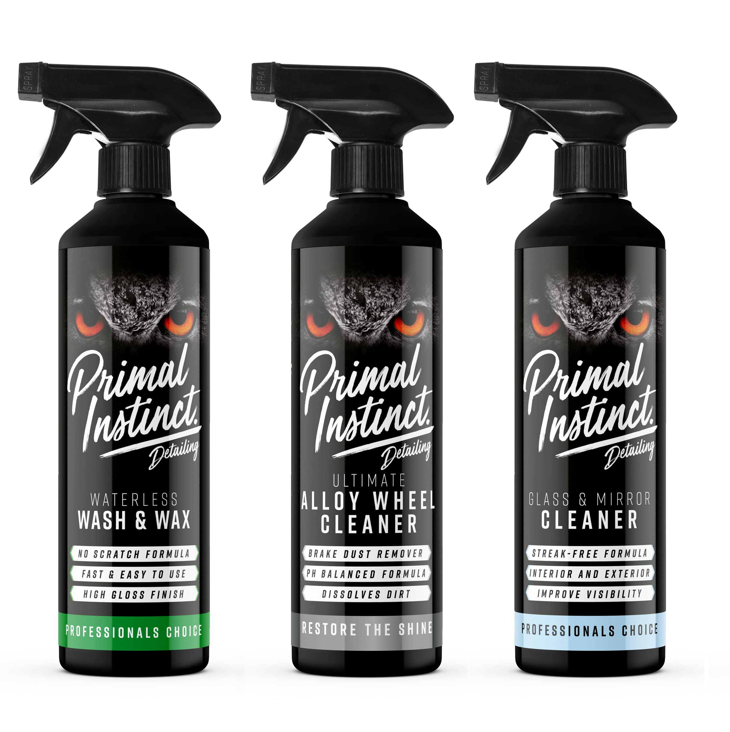 Primal Instinct - Exterior Car Cleaning Kit | Includes Waterless Wash & Wax, Alloy Wheel + Glass and Mirror Cleaner | 3x 500ml