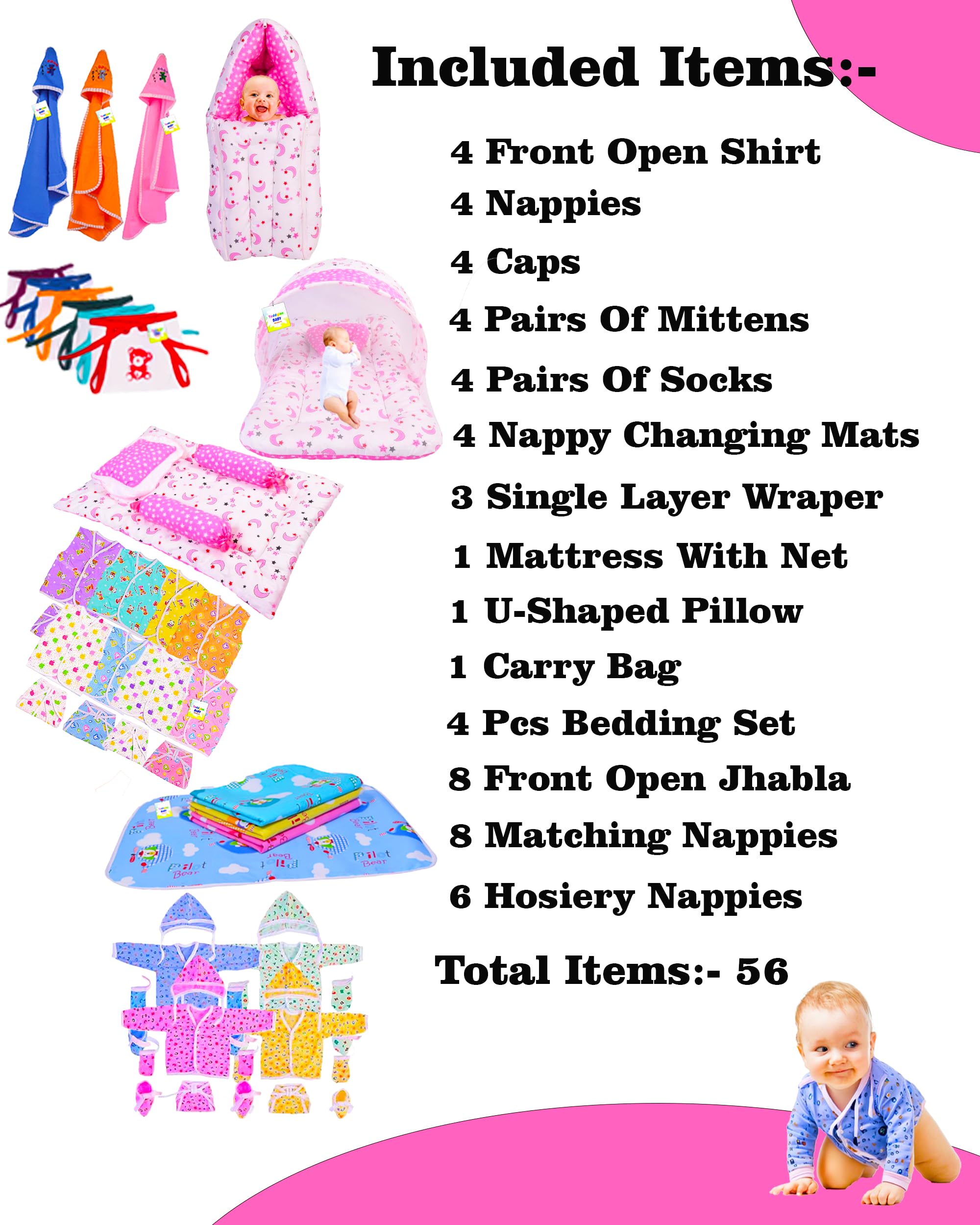 Babloo 56 in 1 New Born Baby Products All | Gift Packs | Baby Shower | Infants Grooming | Maternity Kit | Baby Bedding | Clothes | Essential Items | Daily Combo (0-6 Months) Pink - 56 Count 1