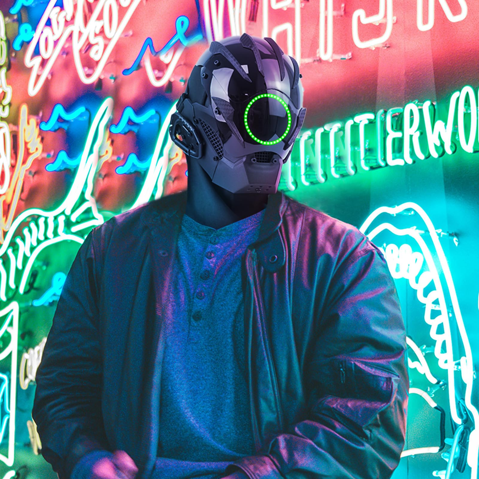 Maschera punk a LED da uomo, con cinturino regolabile, fosforescente, semi-casco, per DJ e rave, per feste, festival e cosplay
