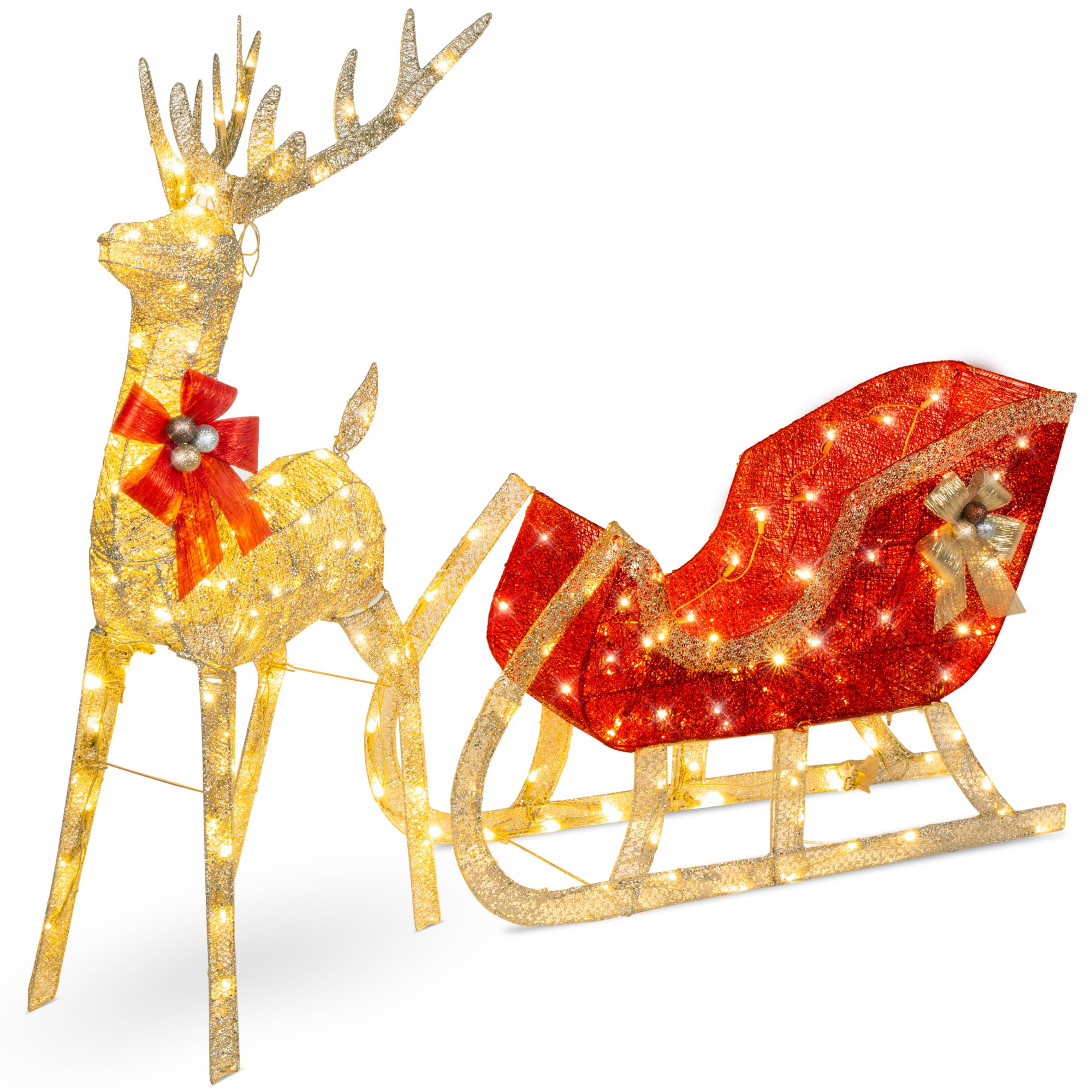 Best Choice Products XL Lighted Christmas 5ft Reindeer & Sleigh Holiday Outdoor Yard Decoration Set w/ 265 LED Lights, Stakes, Zip Ties - Gold
