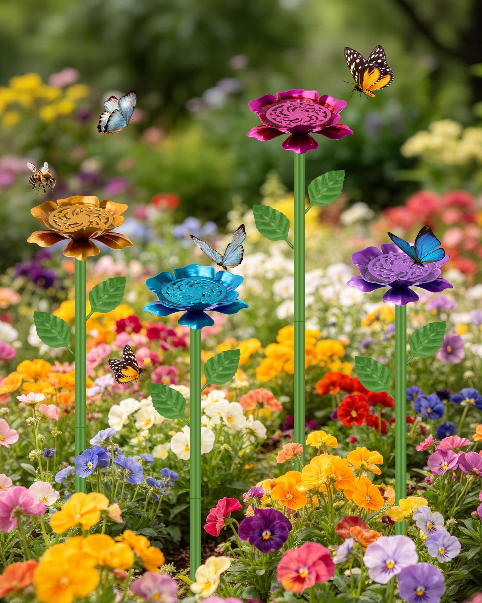 Set da 4 Stazioni di Abbeveraggio per Api con Isola Galleggiante, Vaschette a Forma di Fiore a Doppio Strato per il Giardino, Vaschetta in Metallo per Farfalle e Uccelli (Rosso, Blu, Giallo, Viola)
