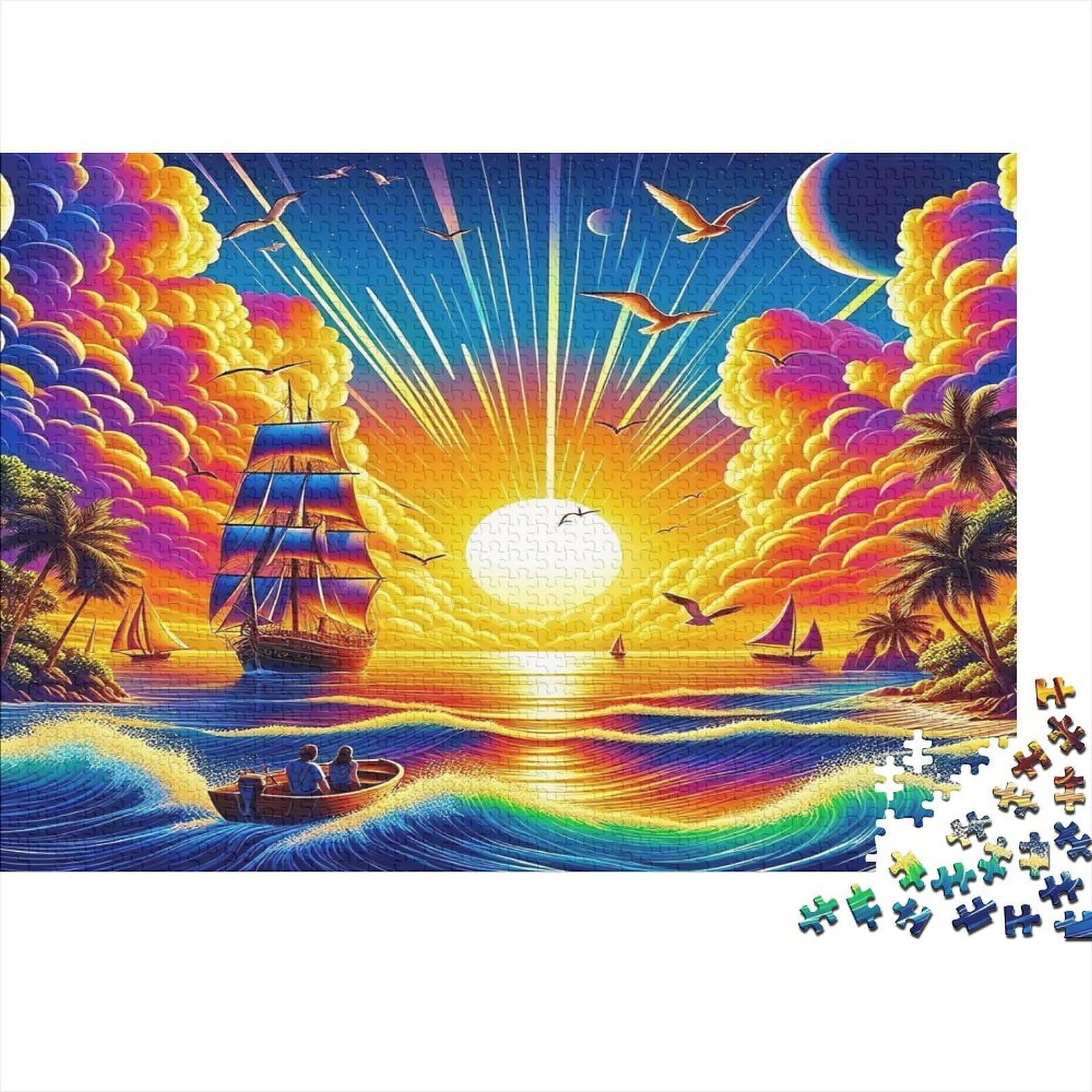 1000pcs Ocean Sunset Puzzle for Adults Thick Paper Brain Training Seascape Jigsaw Wall Decor Gift 70x50cm/1000pcs